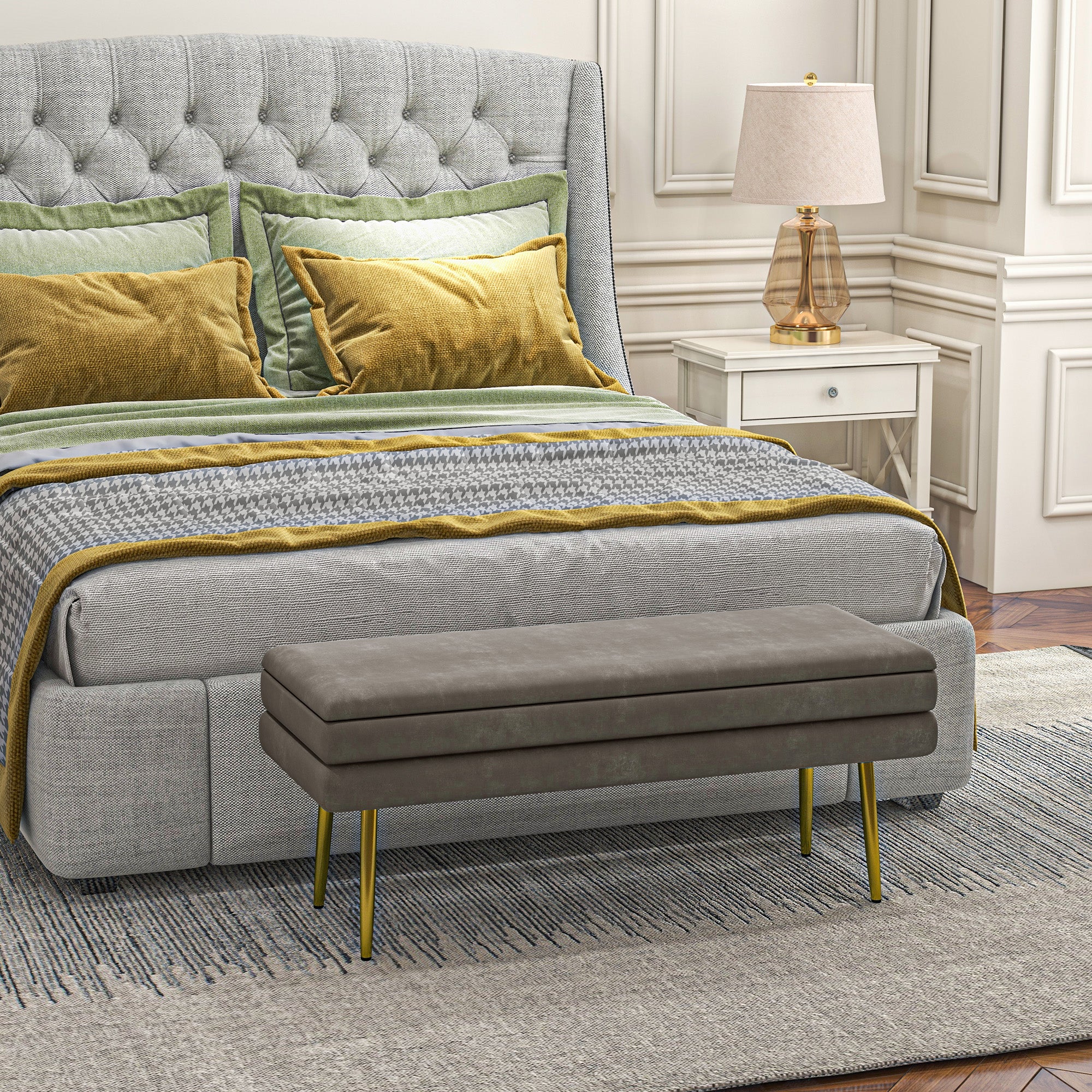 End of Bed Bench, Velvet-feel Upholstered Bench with Thick Padded Seat and Steel Legs, Modern Bedroom Bench, Beige Storage Ottomans & Benches at Gallery Canada