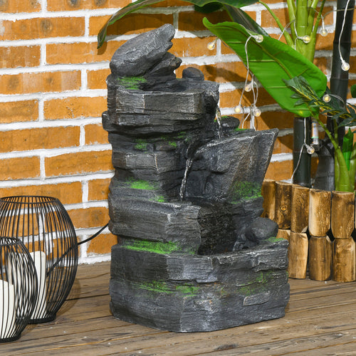 4-Tiered Rock Outdoor Water Fountain with LED Lights, Adjustable Flow, 22.4-inch Resin Waterfall Fountain