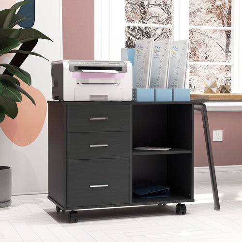 Modern Lateral Filing Cabinet, 3 Drawer File Cabinet for Letter and A4 Size Documents, Mobile, Printer Stand with Open Shelves, Rolling Wheels, Black