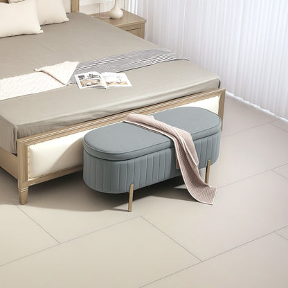 Upholstered Bedroom Bench, Channel Tufted Ottoman Bench with Thick Padding and Metal Legs, Grey