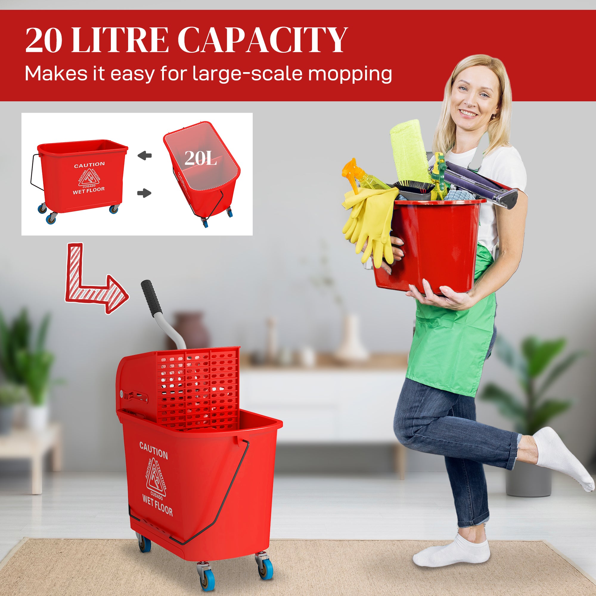 Mop Bucket with Wringer, Mop Bucket on Wheels for Floor Cleaning, 5 Gallon, Separate Dirty and Clean Water, Red Household Supplies at Gallery Canada