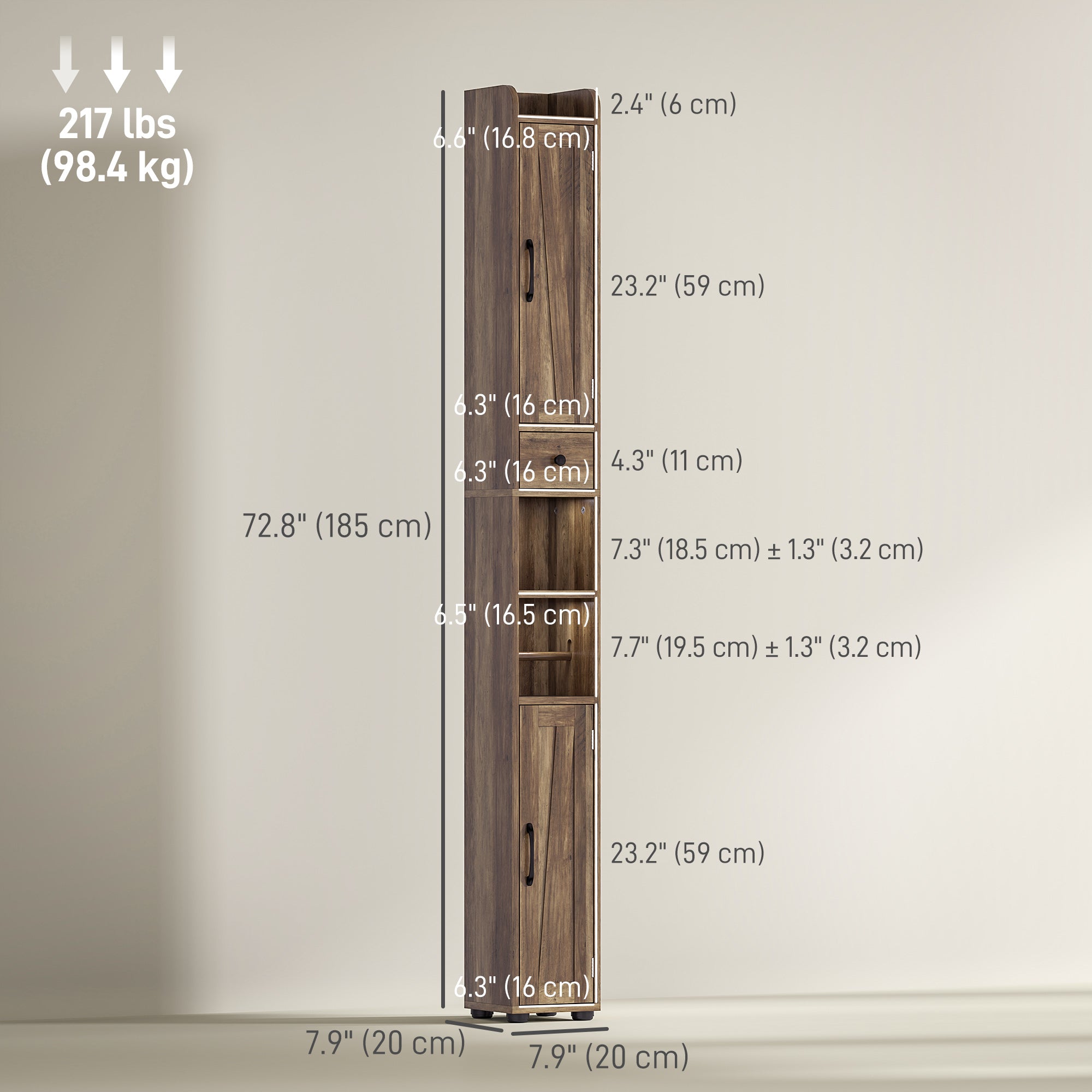 Narrow Bathroom Cabinet, Tall Bathroom Storage Cabinet with Barn Doors, Drawer and Adjustable Shelves, Brown Wood Grain Bathroom Cabinets at Gallery Canada