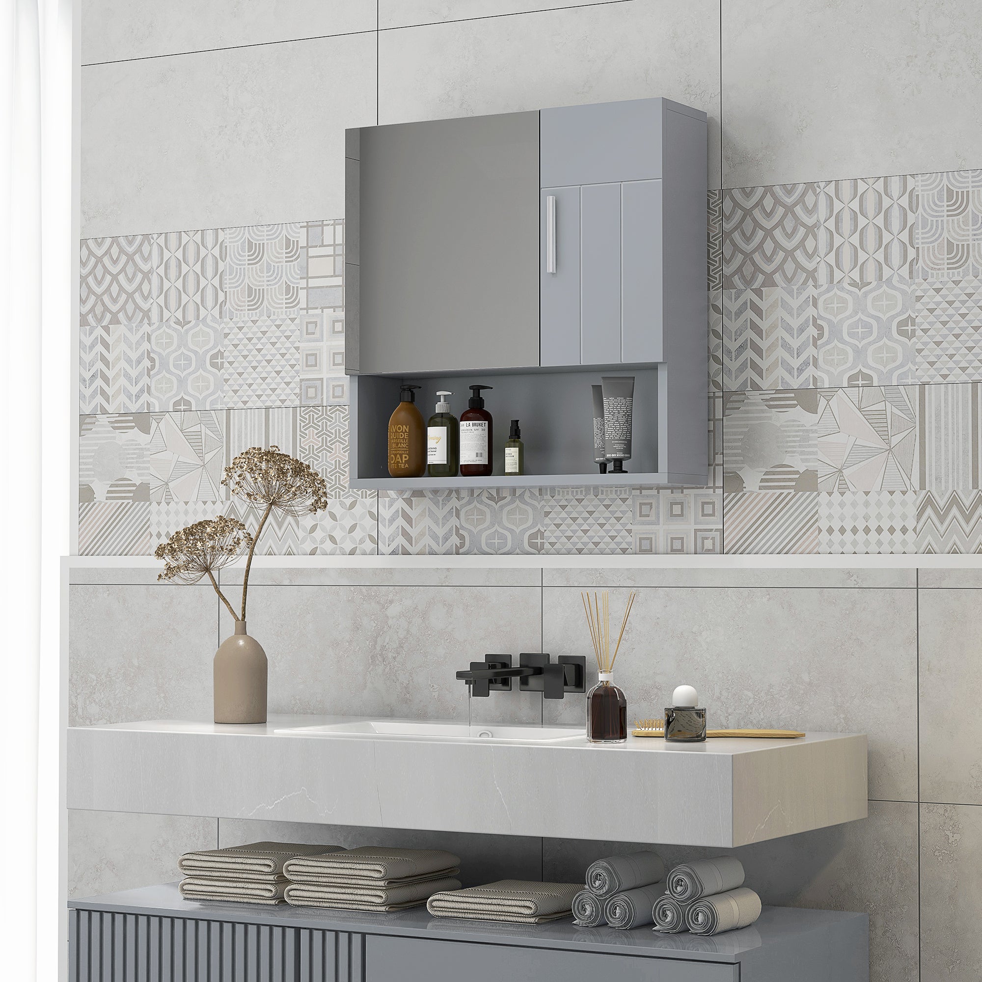 Bathroom Mirror Cabinet, Wall Mounted Medicine Cabinet with Double Doors and Adjustable Shelf, Grey Mirror Medicine Cabinets at Gallery Canada