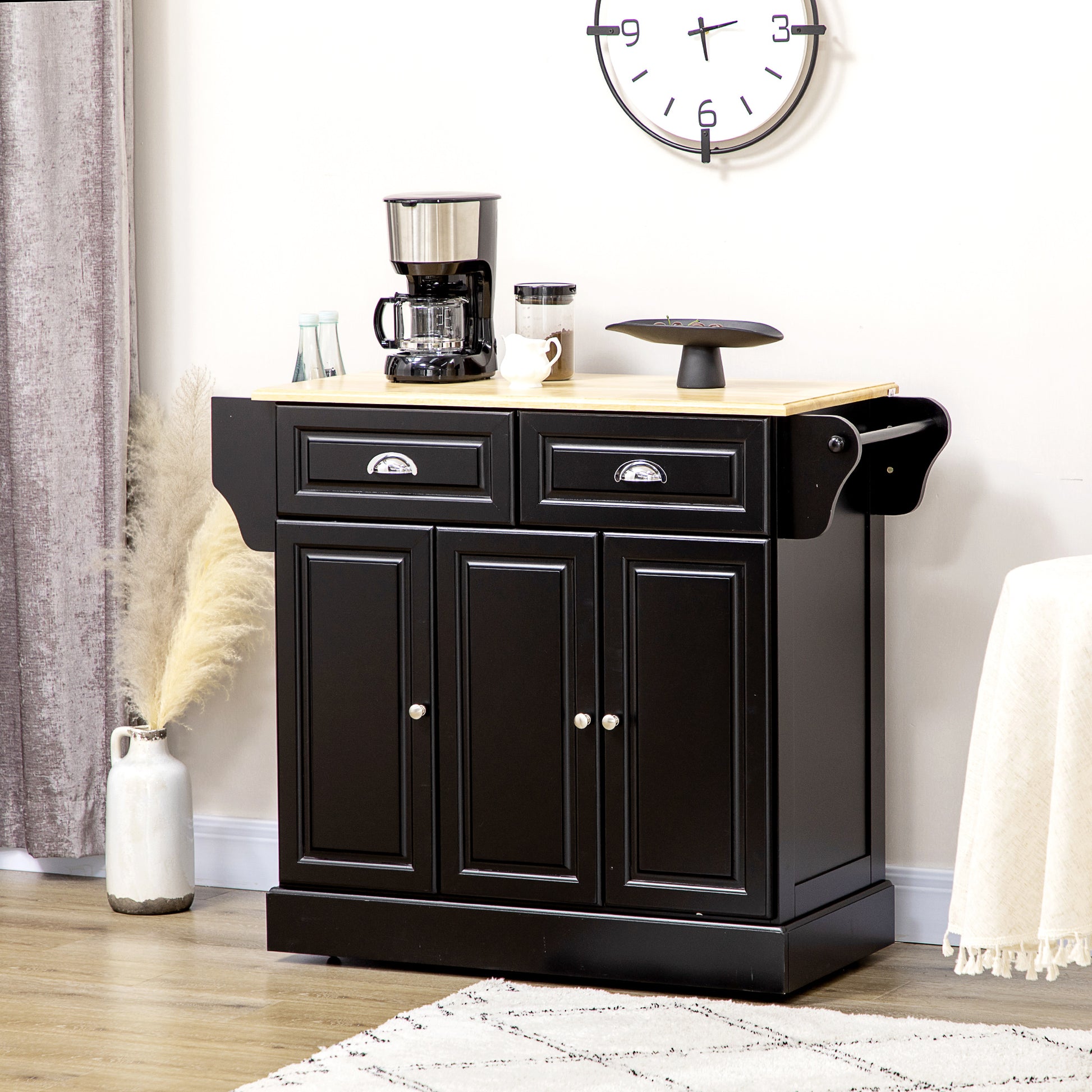 Kitchen Island with Storage Rolling Kitchen Serving Cart with Rubber Wood Top Towel Rack Storage Drawer Cabinet Black Kitchen Islands & Kitchen Carts Black  at Gallery Canada