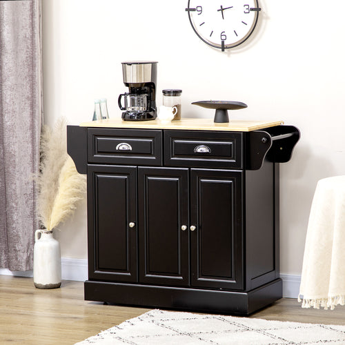 Kitchen Island with Storage Rolling Kitchen Serving Cart with Rubber Wood Top Towel Rack Storage Drawer Cabinet Black