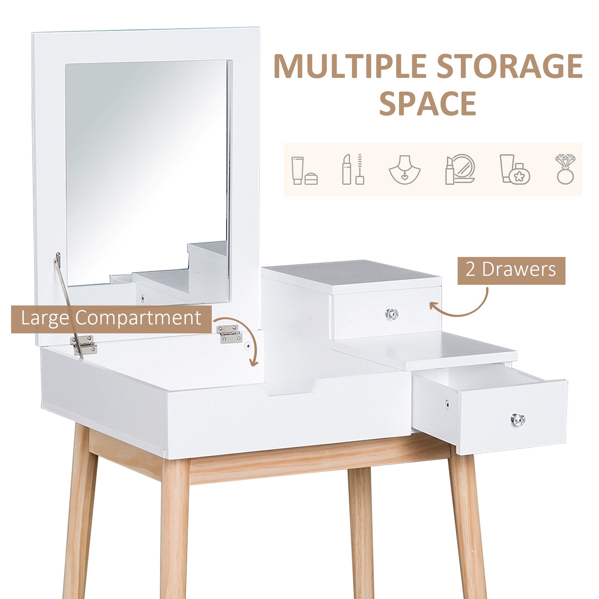 Vanity Desk with Mirror, Modern Dressing Table with Mirror, Make Up Desk with Flip-up Top, 2 Drawers, White Dressing & Vanity Tables   at Gallery Canada