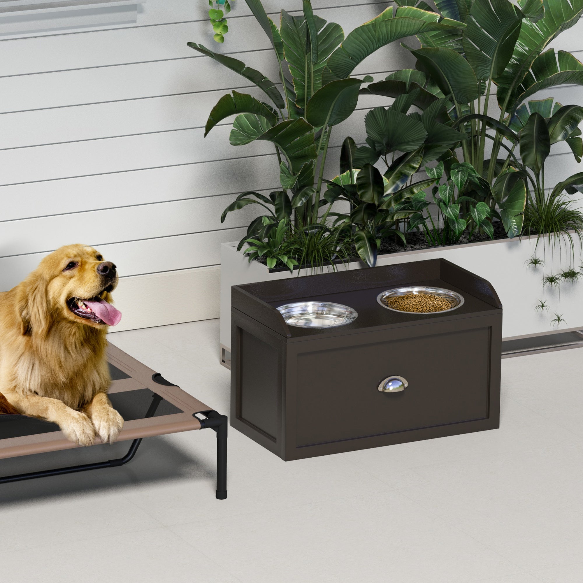 Large Elevated Dog Bowls with Storage Drawer, Raised Pet Feeding Station with 2 Stainless Steel Bowls, Coffee Dog Bowls at Gallery Canada