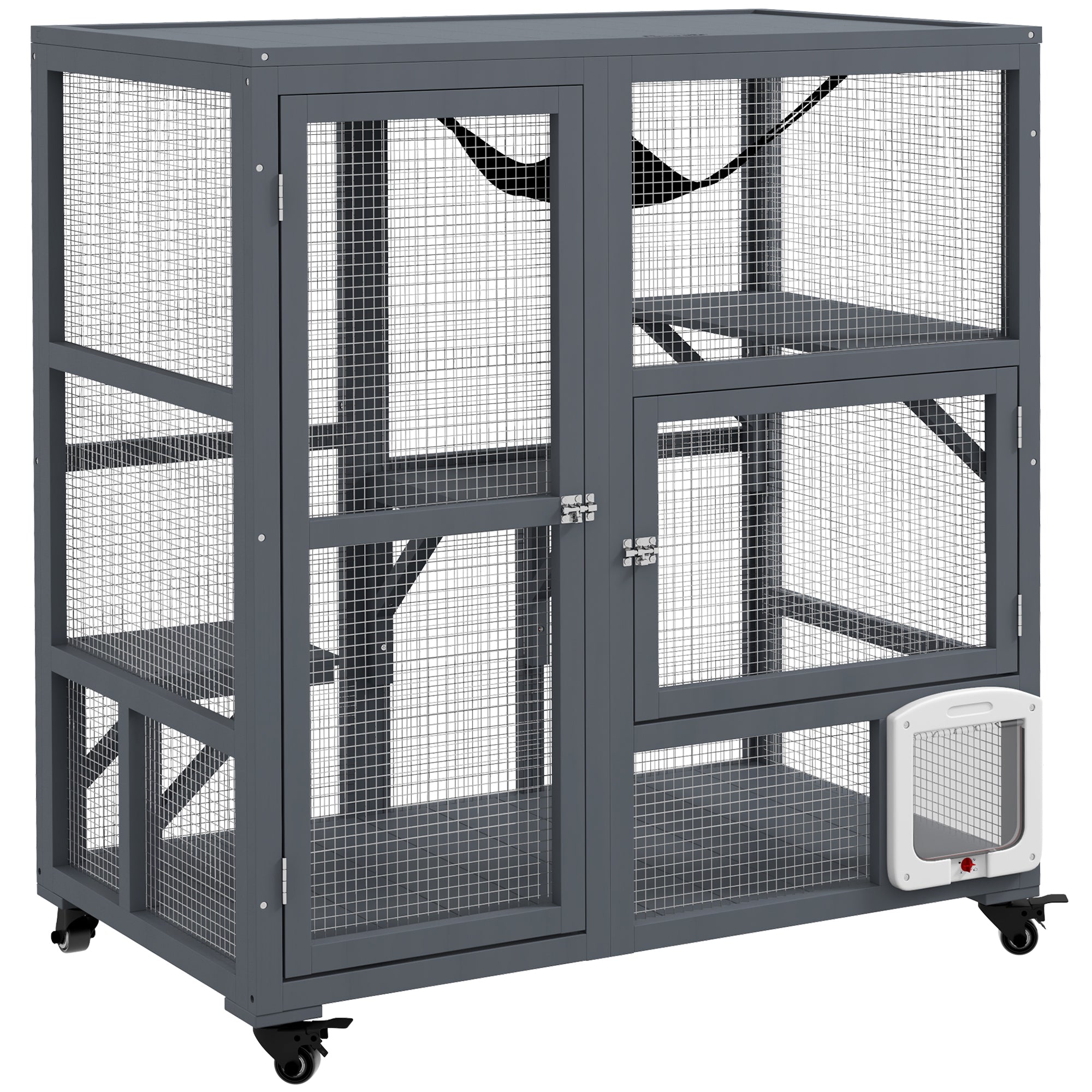 Cat Condo Wooden Indoor Cat House on Wheels with Cat Flap Door Platforms Hammock Openable Top for 2 Cats, Light Grey Outdoor Cat Enclosures at Gallery Canada