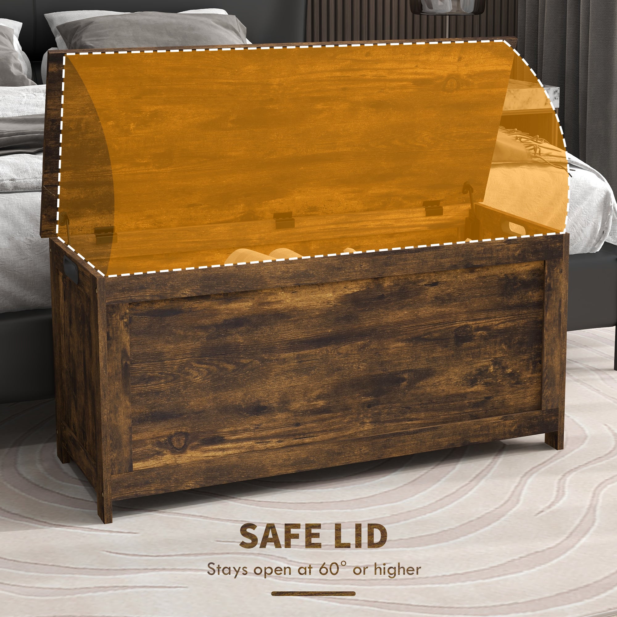 Storage Trunk with 2 Safety Hinges, Modern Entryway Bench with Side Handles, Storage Chest for Living Room, Rustic Brown Storage Ottomans & Benches at Gallery Canada