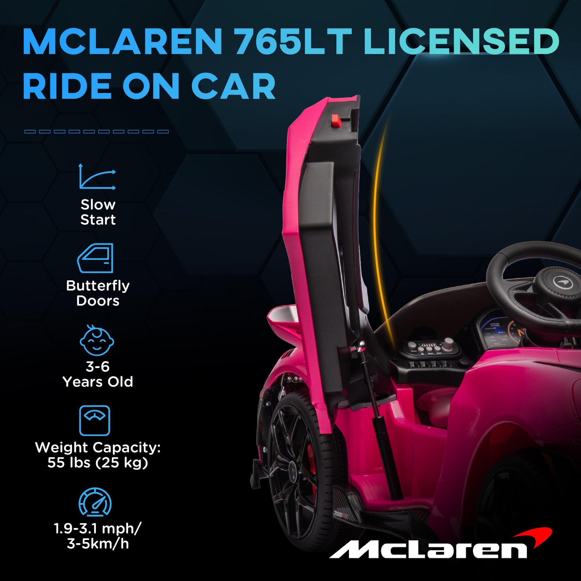 McLaren 765LT Licensed 12V Kids Electric Car w/ Scissor Doors, Training Wheels, Remote, Slow Start, Music Horn Pink Electric Toy Cars   at Gallery Canada