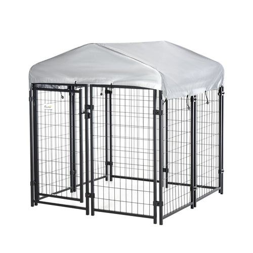 4' x 4' x 4.5' Large Outdoor Dog Kennel Steel Fence with UV-Resistant Oxford Cloth Roof &; Secure Lock