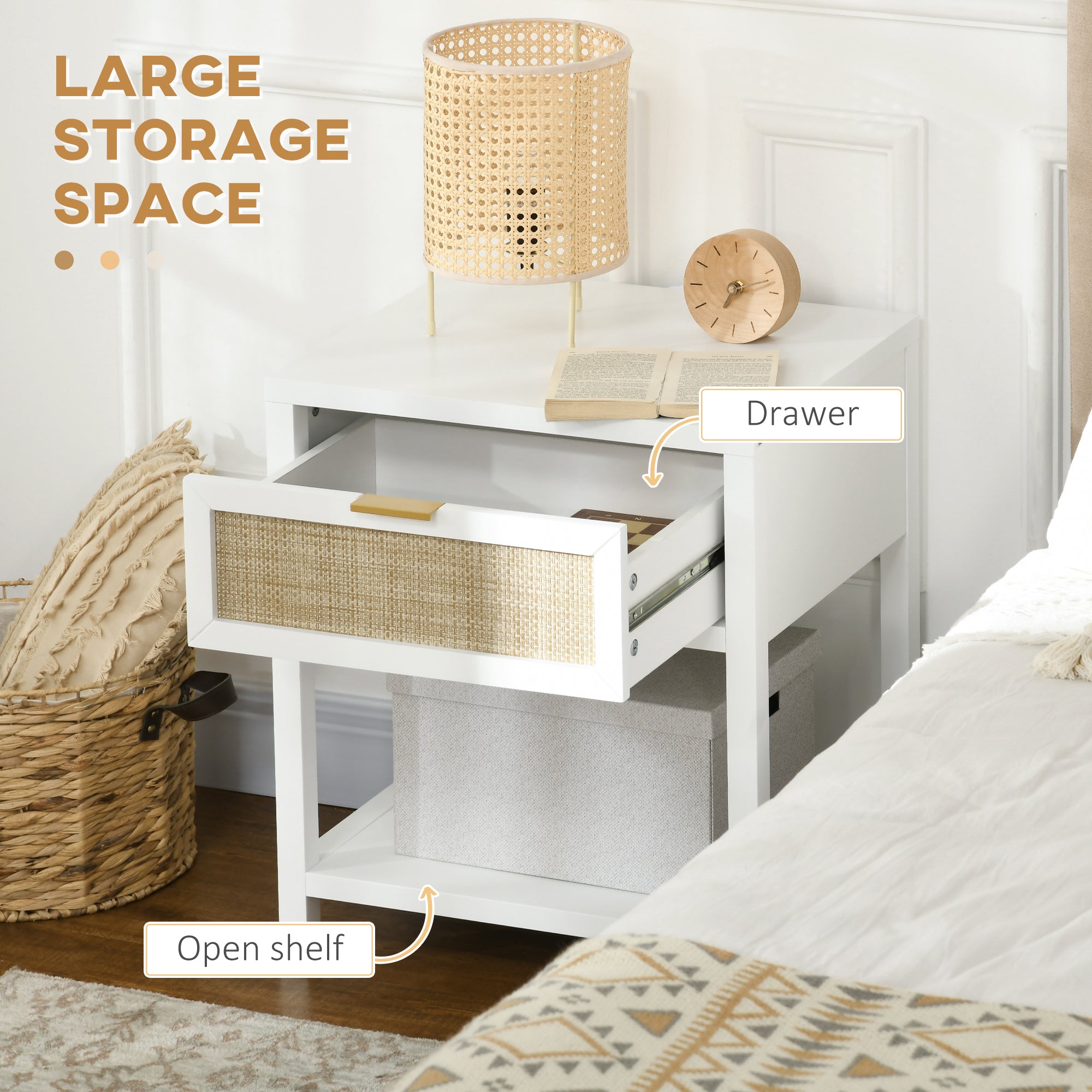 Boho Nightstand, Bedside Table with Rattan Drawer and Open Shelf, Side End Table for Bedroom, Living Room Bedside Tables at Gallery Canada