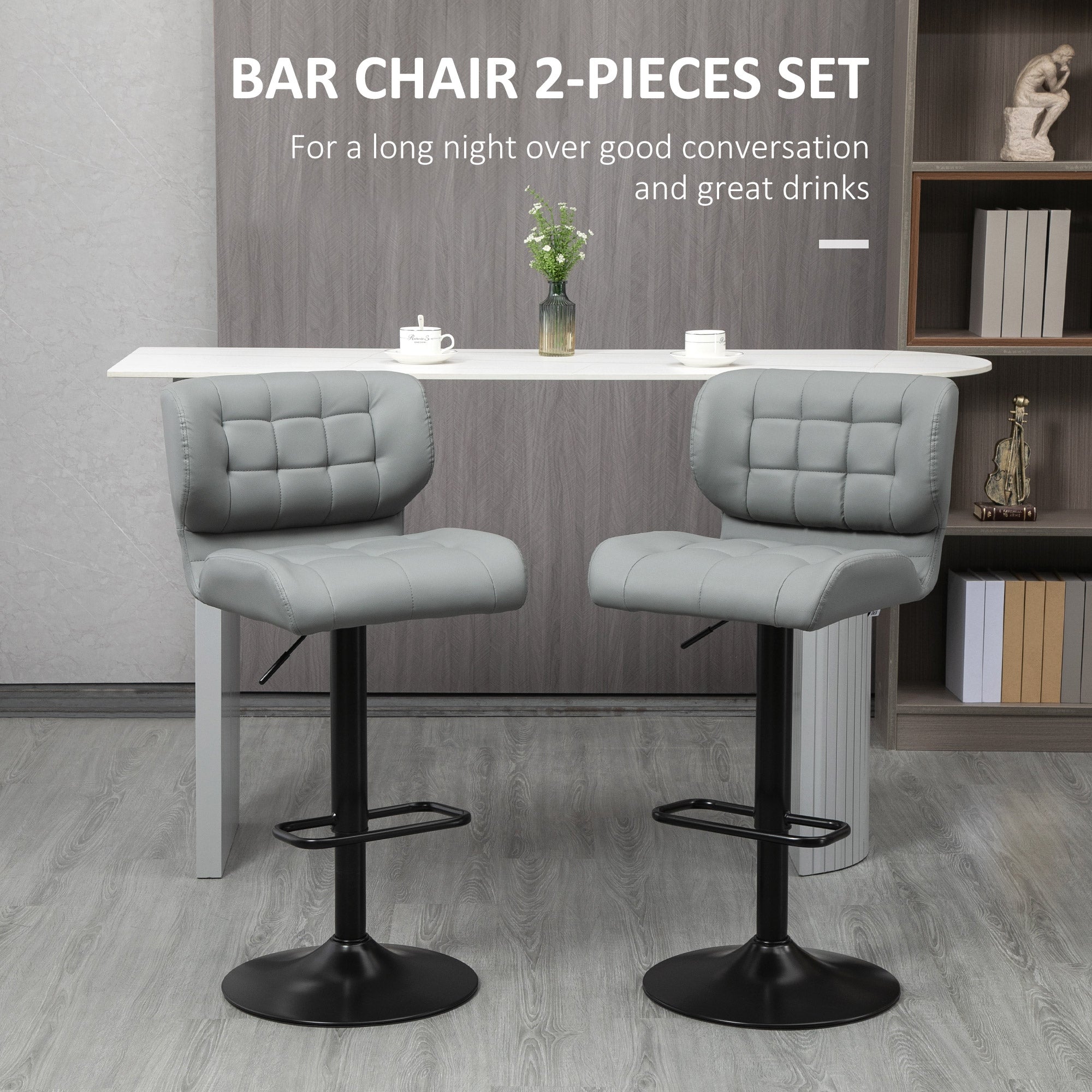 Adjustable Bar Stools Set of 2, Swivel Tufted PU Leather Barstools with Footrest and Back, for Kitchen Counter and Dining Room, Grey Bar Stools   at Gallery Canada