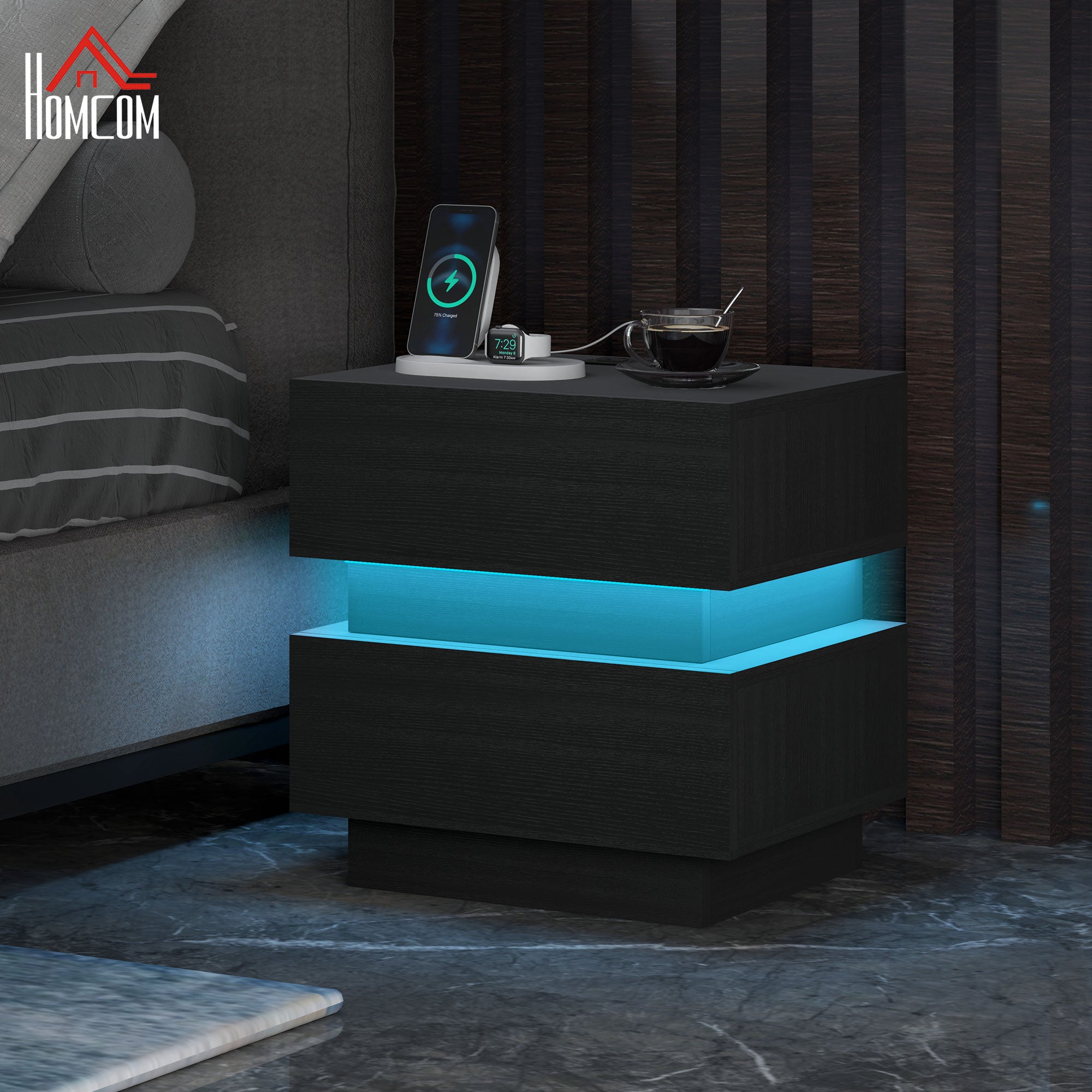 Bedside Table with Charging Station and LED Light Modern Nightstand with USB Ports AC Outlets Drawers Remote, Black Bedside Tables Black  at Gallery Canada