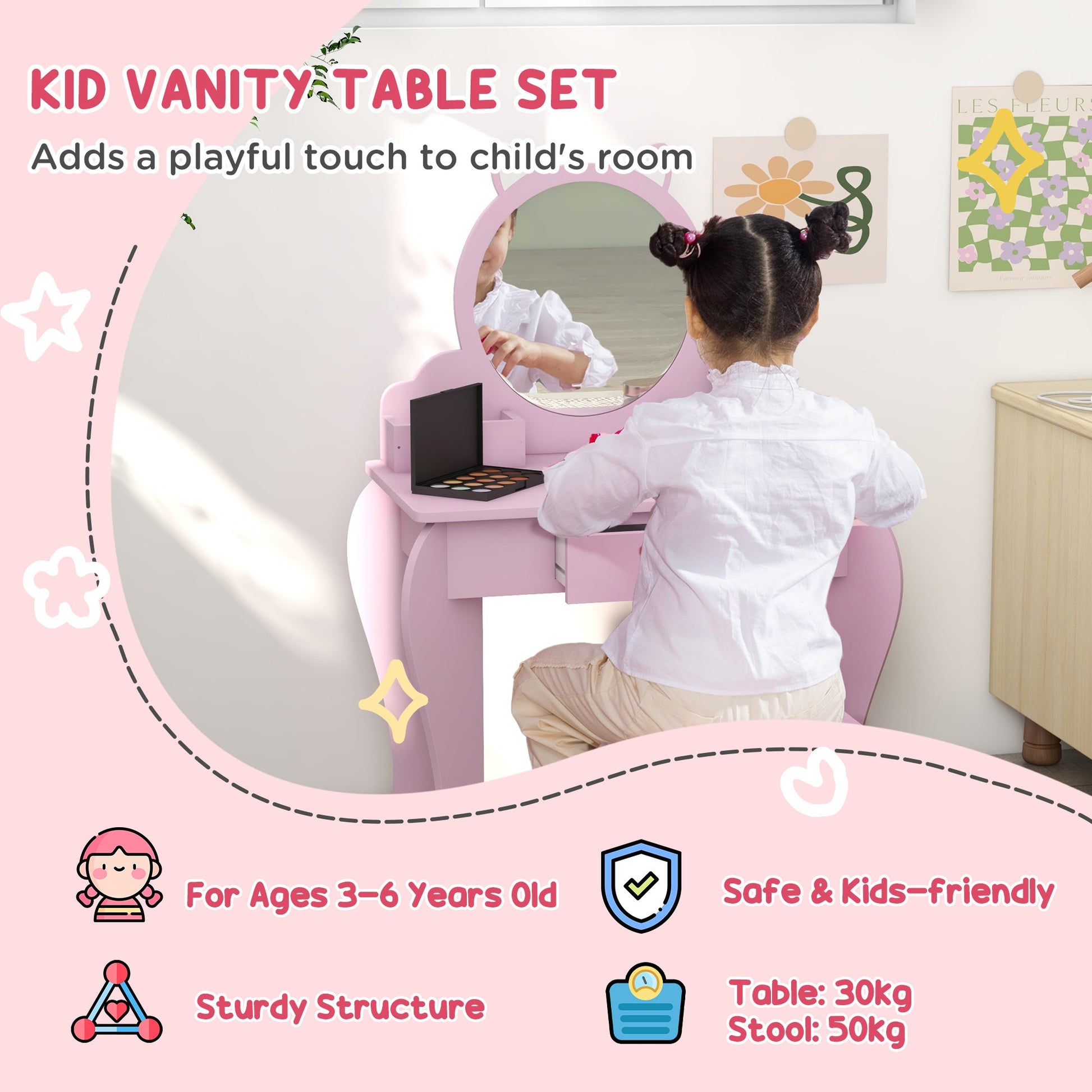 Makeup Vanity with Mirror and Stool, Cat Design, Drawer, Storage Boxes, for 3-6 Years Old, Pink Toy Vanity   at Gallery Canada