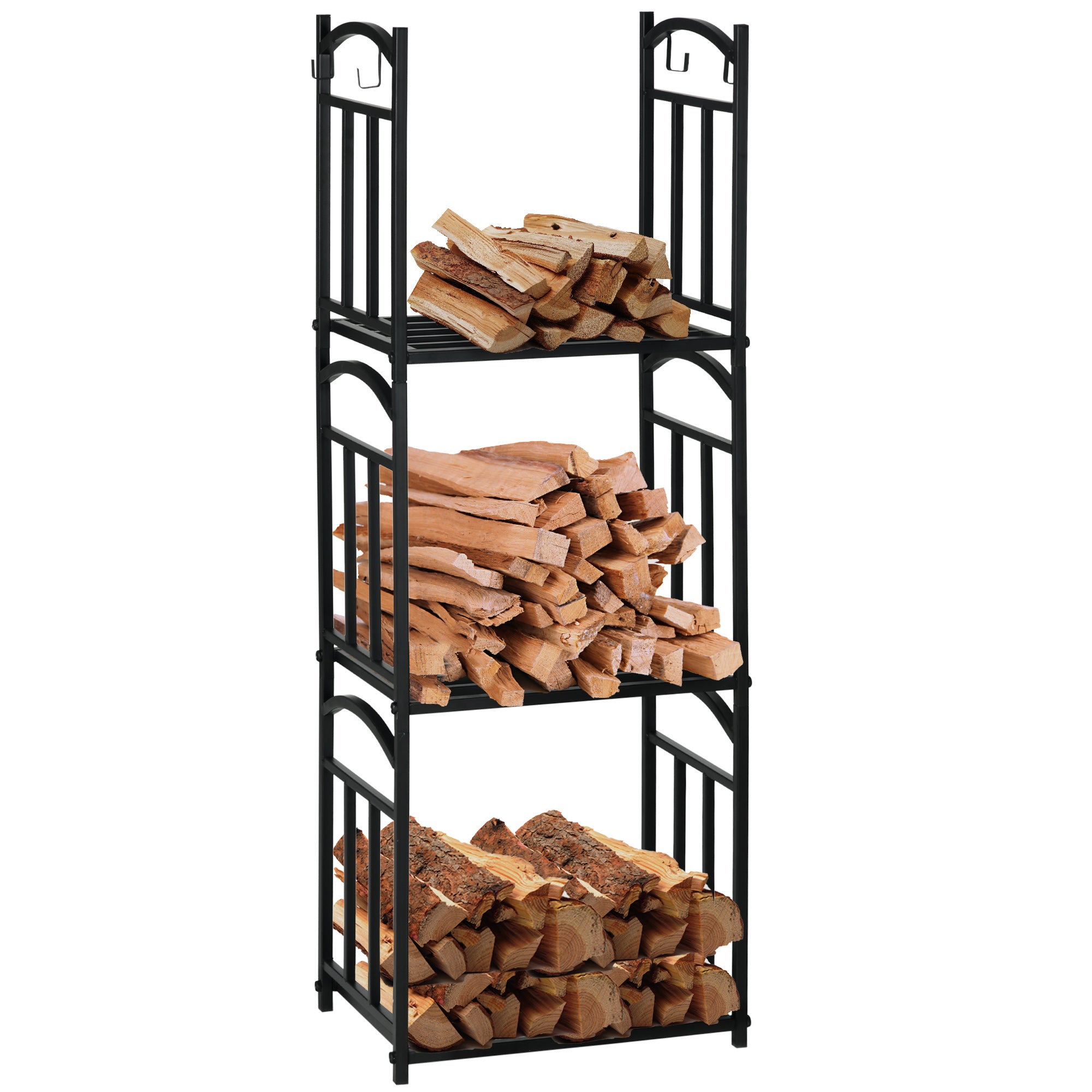 3-Tier Firewood Rack Heavy Duty Wood Storage Log Stacking Shelf with Hanging Hooks, Outdoor Indoor Use, Black Firewood Racks   at Gallery Canada