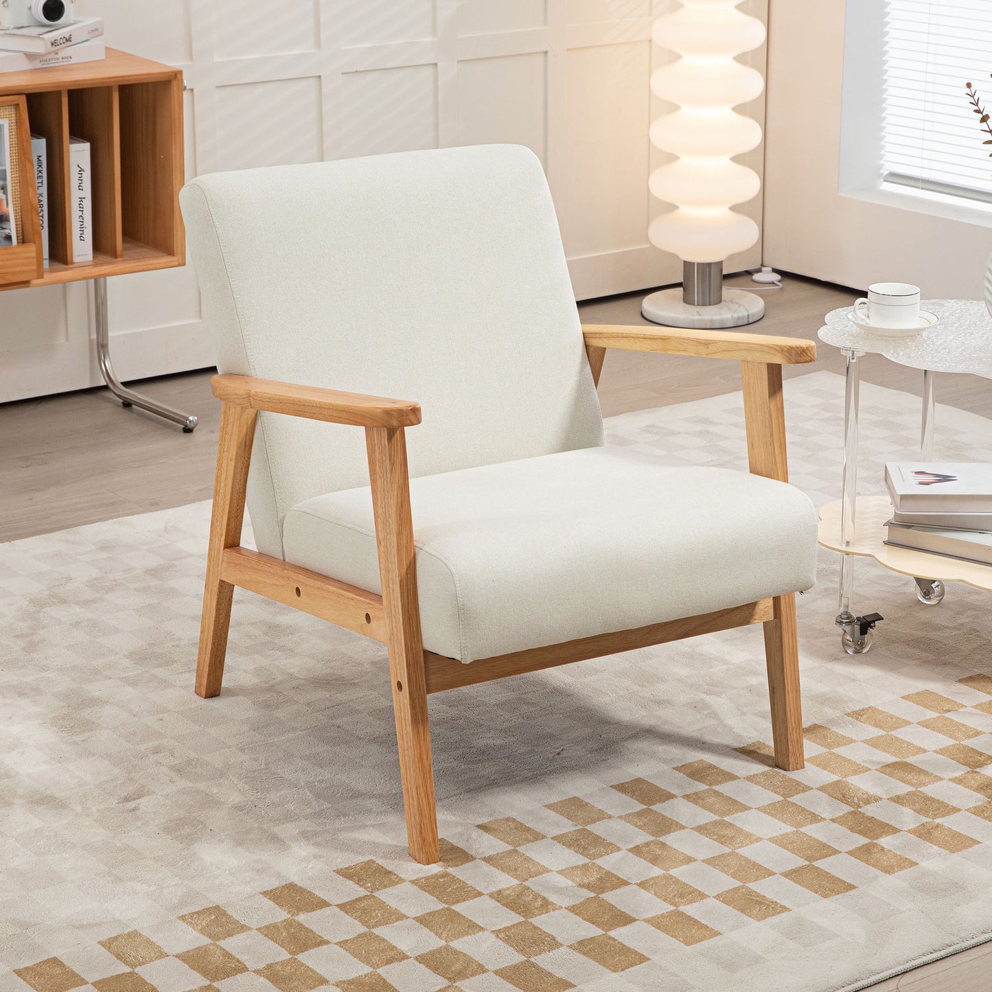 Mid-Century Modern Accent Chair Retro Fabric Armchair Wooden Arm Upholstered Lounge Chair for Living Room Cream White Accent Chairs   at Gallery Canada