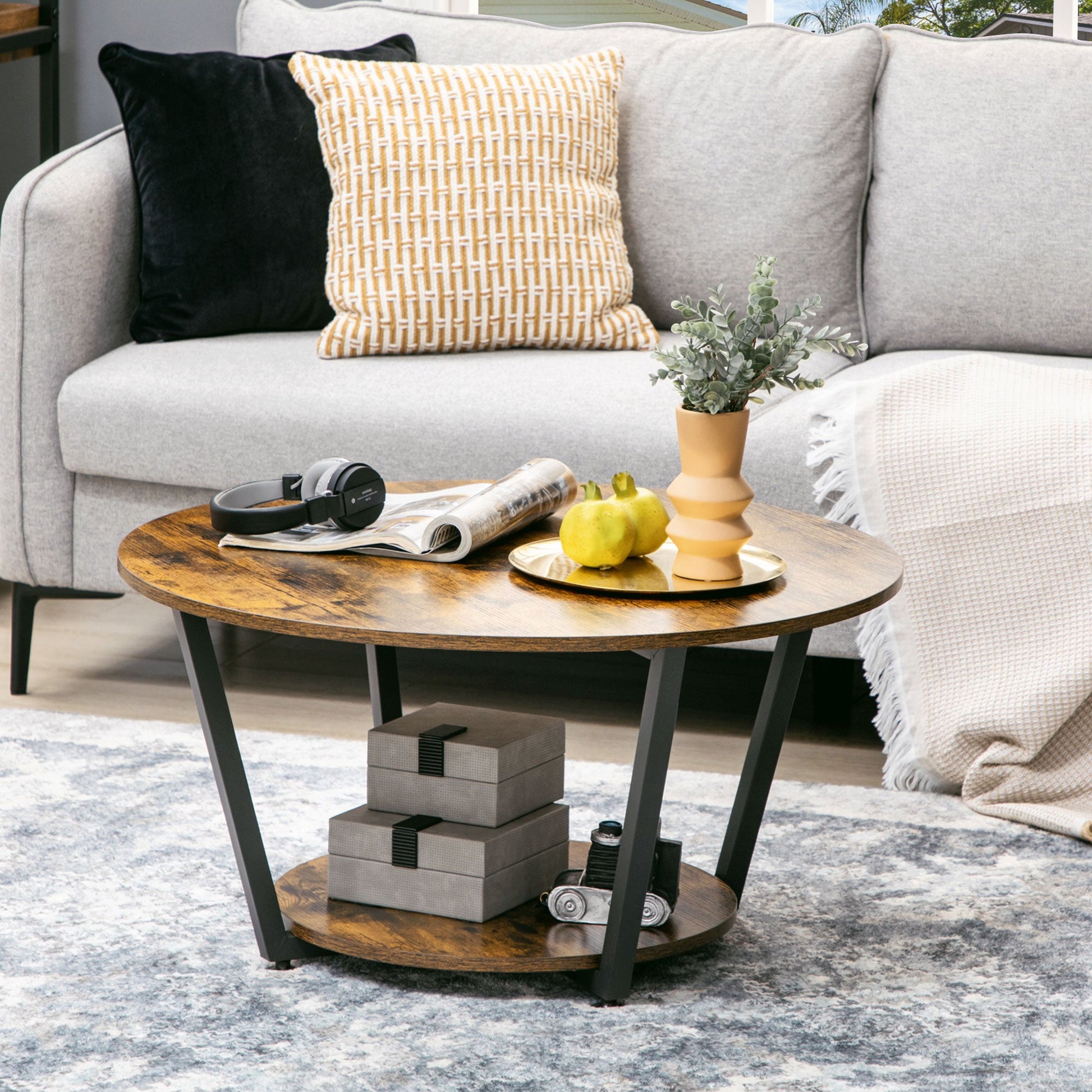 Round Coffee Table with Storage Shelf, Center Table with Steel Frame for Living Room, Rustic Brown Coffee Tables   at Gallery Canada