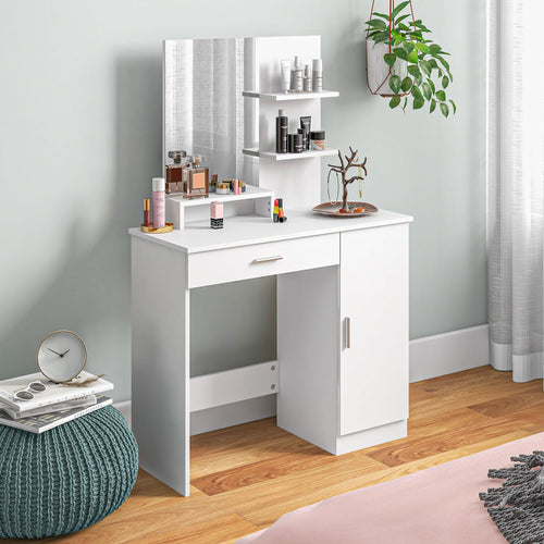 Dresssing Table, Vanity Table with Mirror, Drawer and Storage Shelves for Bedroom, 35.4