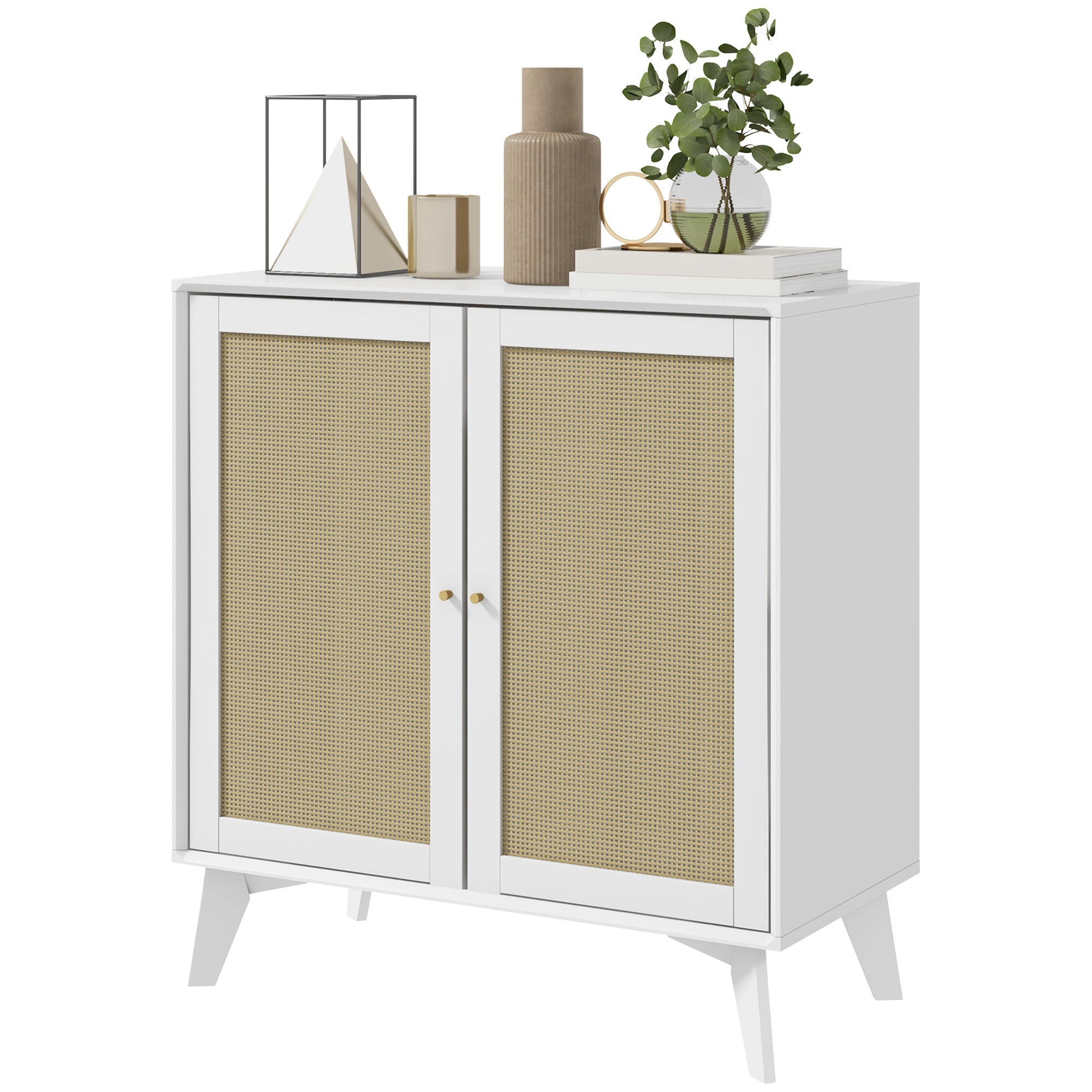 Boho Sideboard Cabinet, Freestanding Sideboards and Buffets with 2 Rattan Doors and Adjustable Shelf Kitchen Pantry Cabinets White  at Gallery Canada