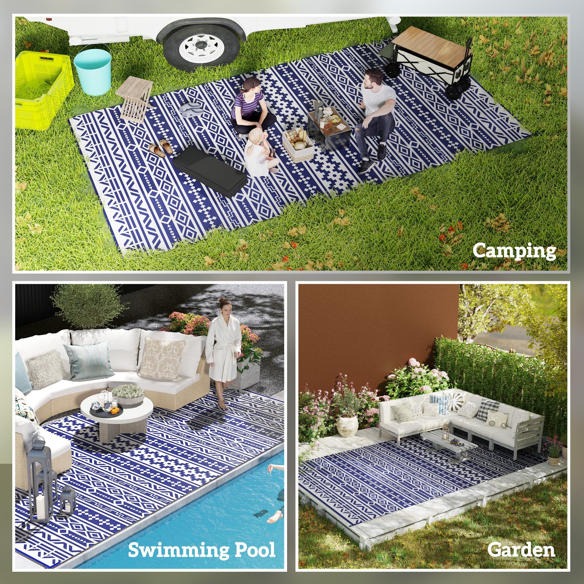 9' x 18' Outdoor RV Rug, Reversible Patio Floor Mat with Carry Bag, Geometric Wall, Blue and White Garden Decor at Gallery Canada