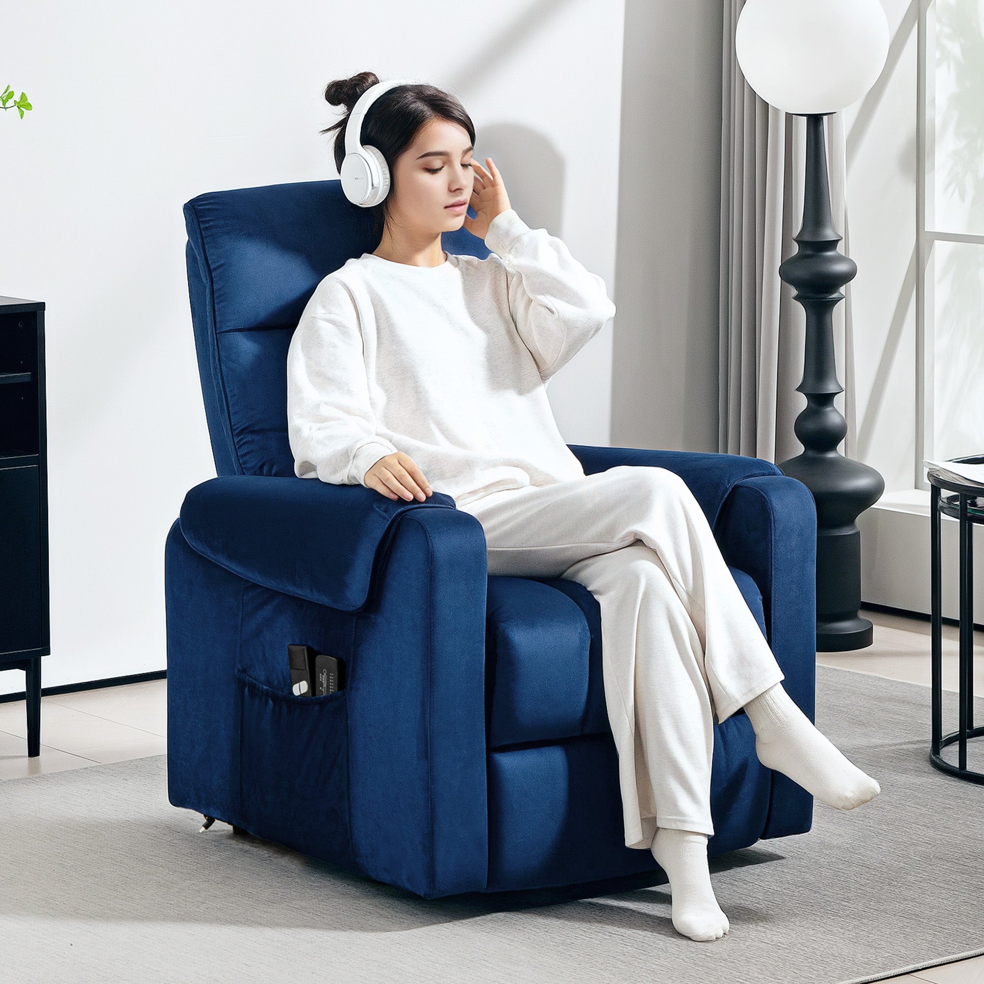 Lift Chair for Elderly, Massage Recliner Chair with 8 Vibration Points, Footrest, Remote Control, Side Pockets Dark Blue Sofas & Reclining Chairs at Gallery Canada