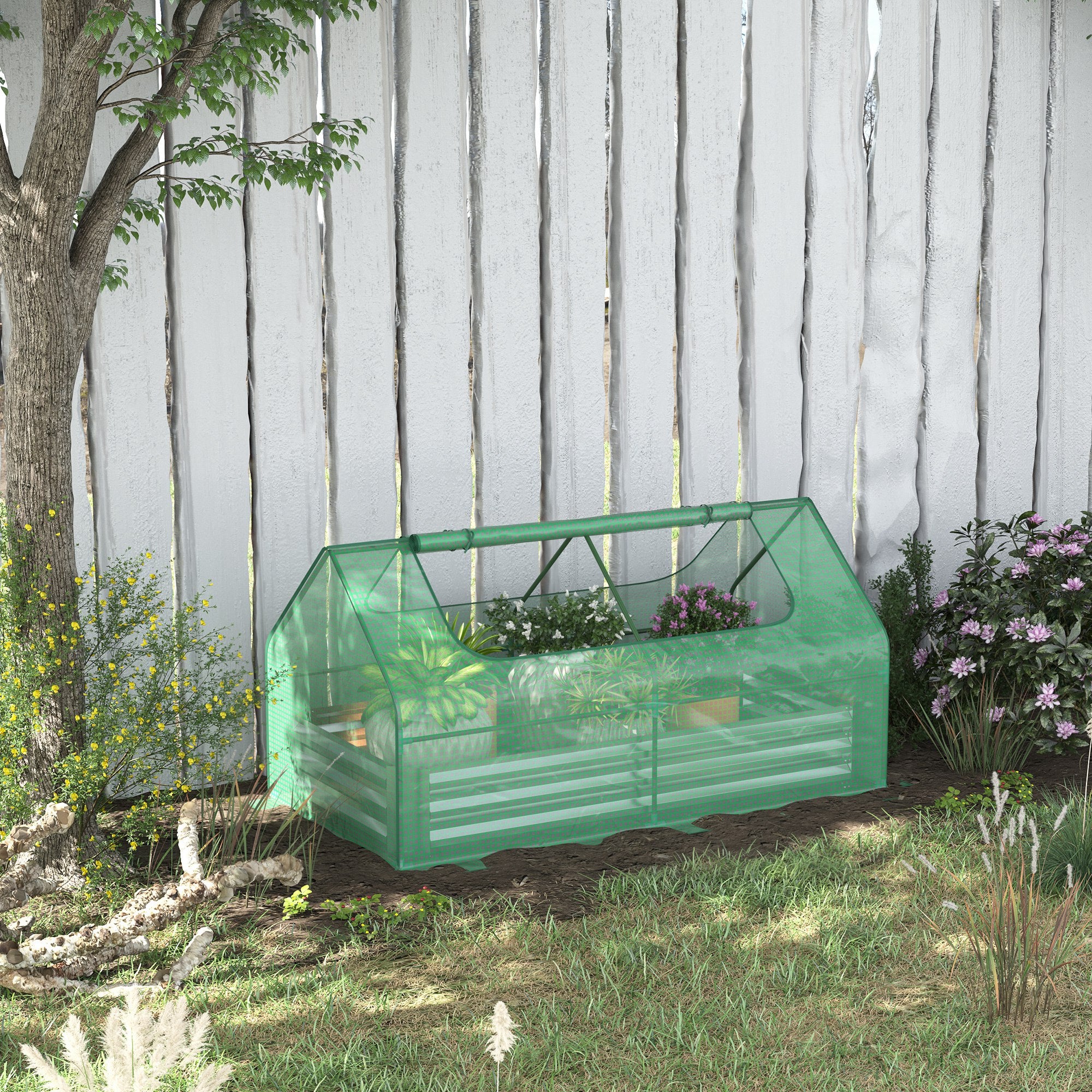 Greenhouse with Raised Garden Bed, Steel Outdoor Planter Box with Plastic Cover, Roll Up Window, Dual Use for Flowers, Vegetables and Herbs, 73