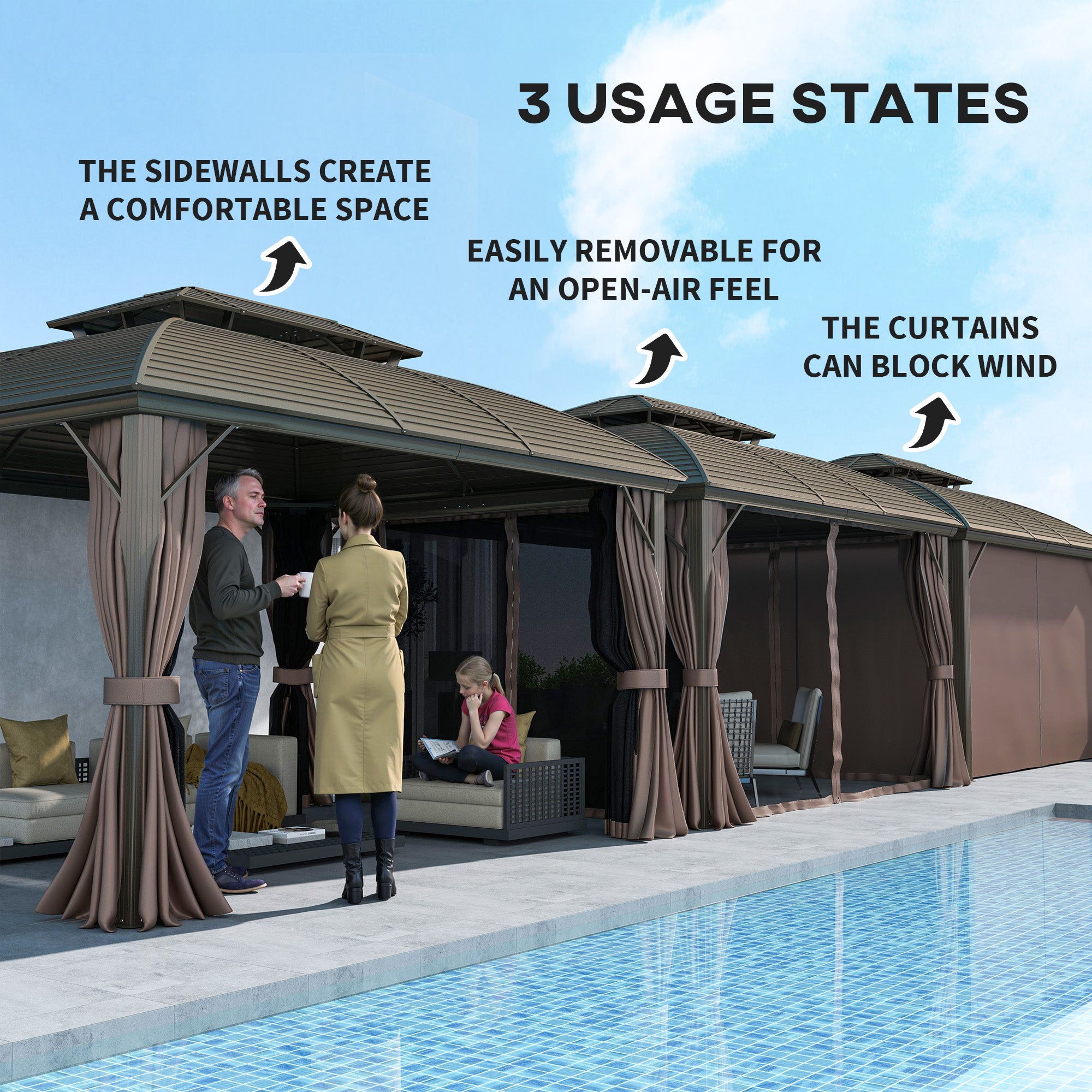 10' x 12' Hardtop Gazebo Canopy with Double Roof, Netting and Curtains for Garden, Backyard, Deck, Coffee Gazebos at Gallery Canada