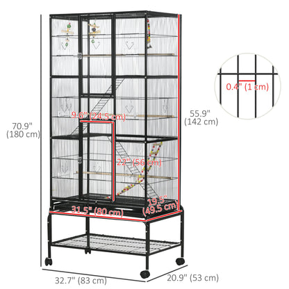 71" Bird Cage with Wheels Perches, Ramp, Storage Shelf, Toys for Canaries, Finches, Cockatiels, Parakeets, Black Bird Cages   at Gallery Canada