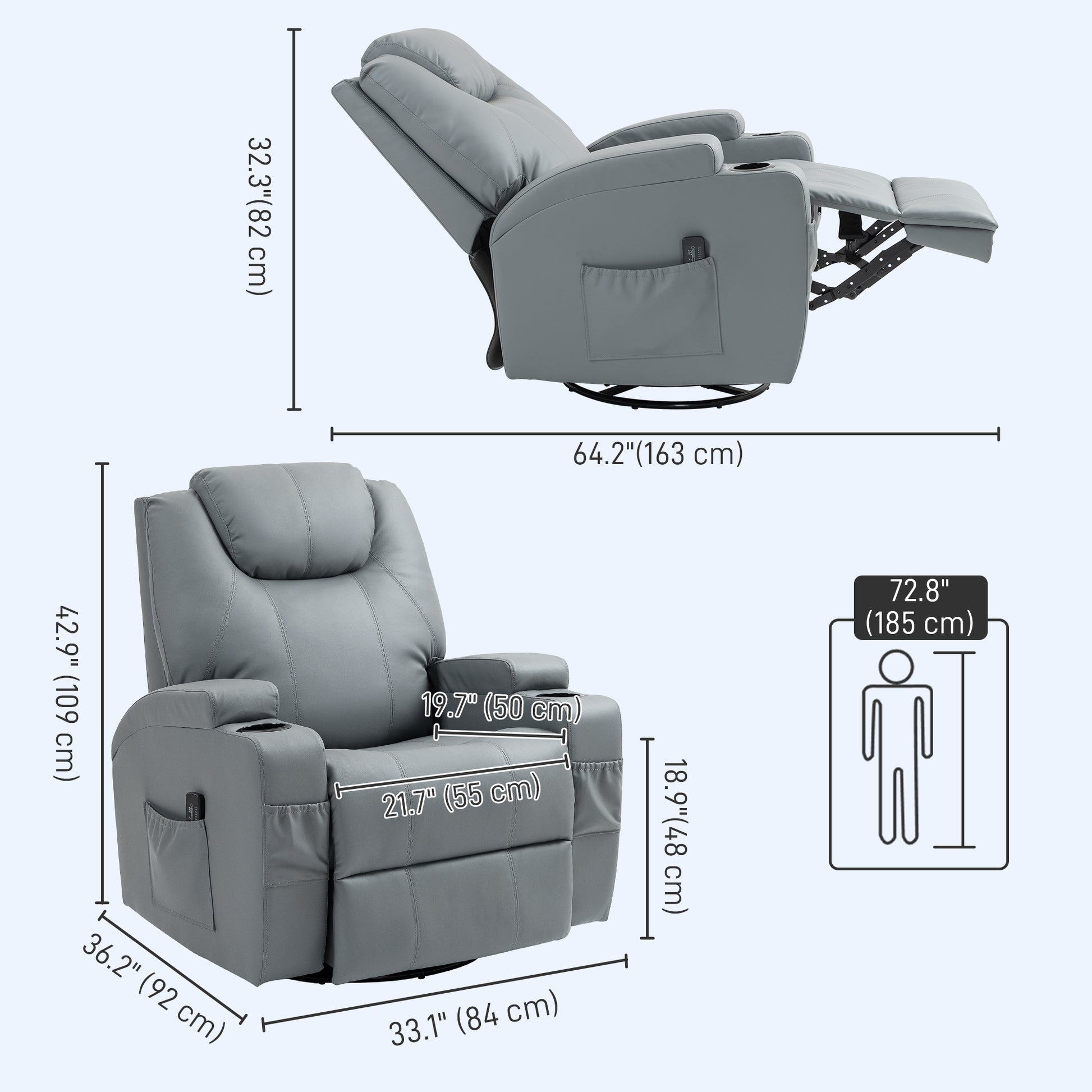 Massage Recliner Chair Leather Swivel Rocker Manual Reclining Chair with 8 Vibration Points, Cup Holders, Light Grey Single Sofas   at Gallery Canada