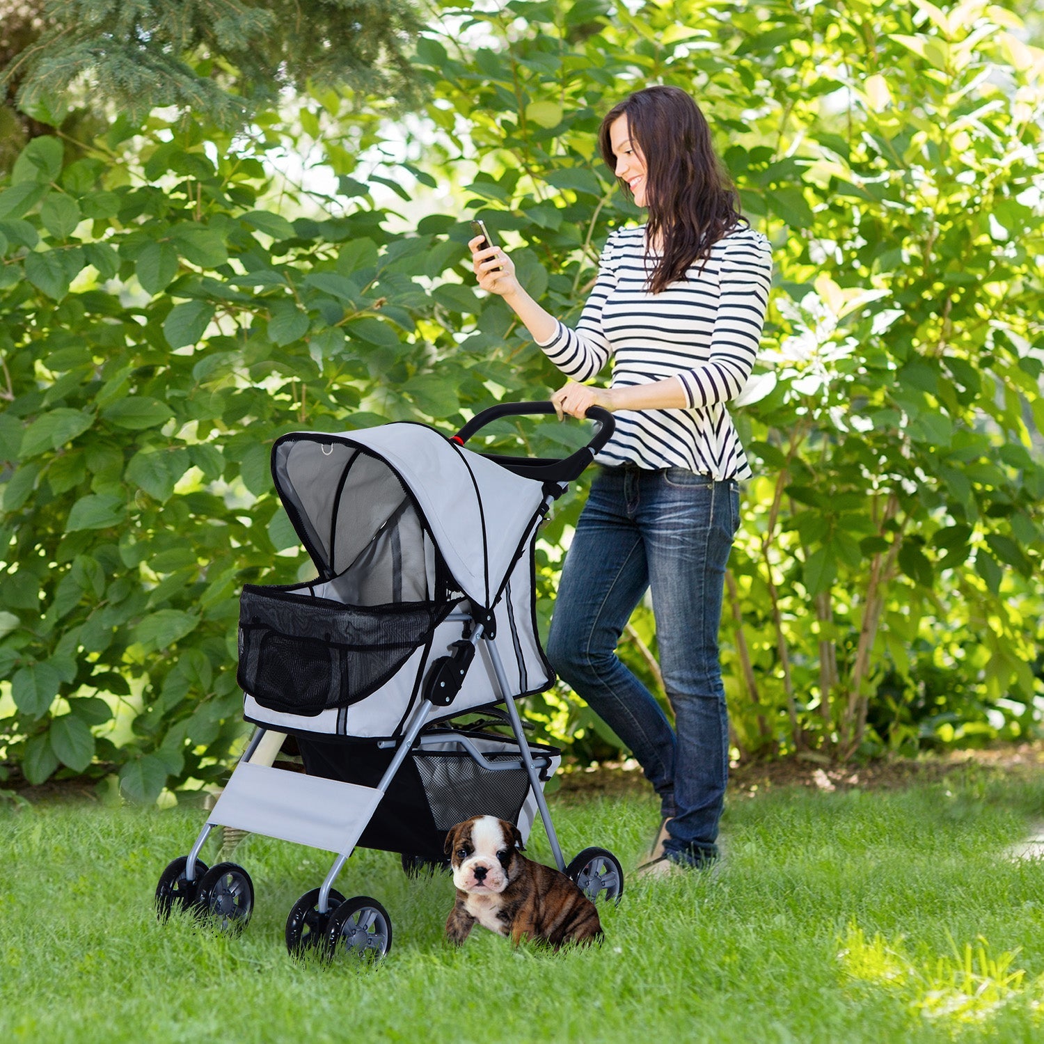 4 Wheel Dog Pet Stroller Dog Cat Carrier Folding Sunshade Canopy with Brake, Grey Dog Bike Trailers & Strollers   at Gallery Canada