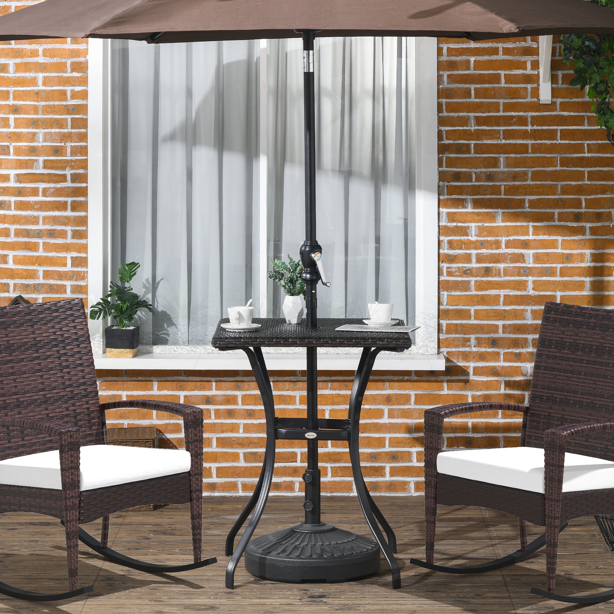 Outdoor Wicker Dining Table with Umbrella Hole, PE Rattan, Plastic Board, Brown Patio Side Tables   at Gallery Canada