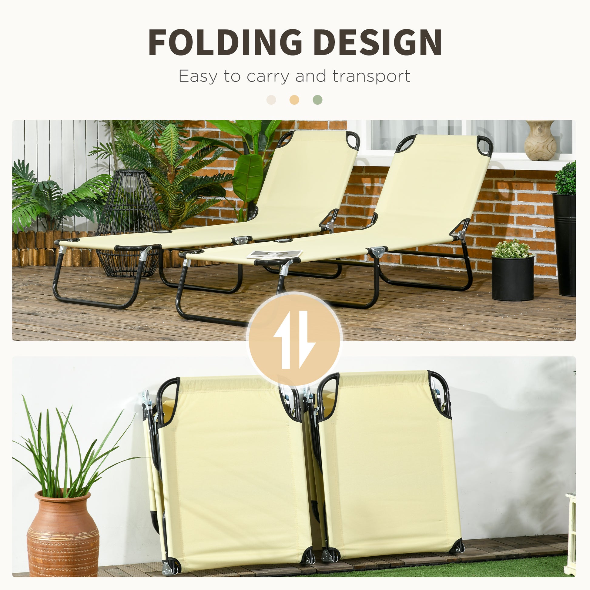 Set of 2 Folding Outdoor Lounge Chair, Sun Tanning Chairs with Reclining Back, Breathable Mesh for Beach Patio, Beige Lounger Chairs   at Gallery Canada