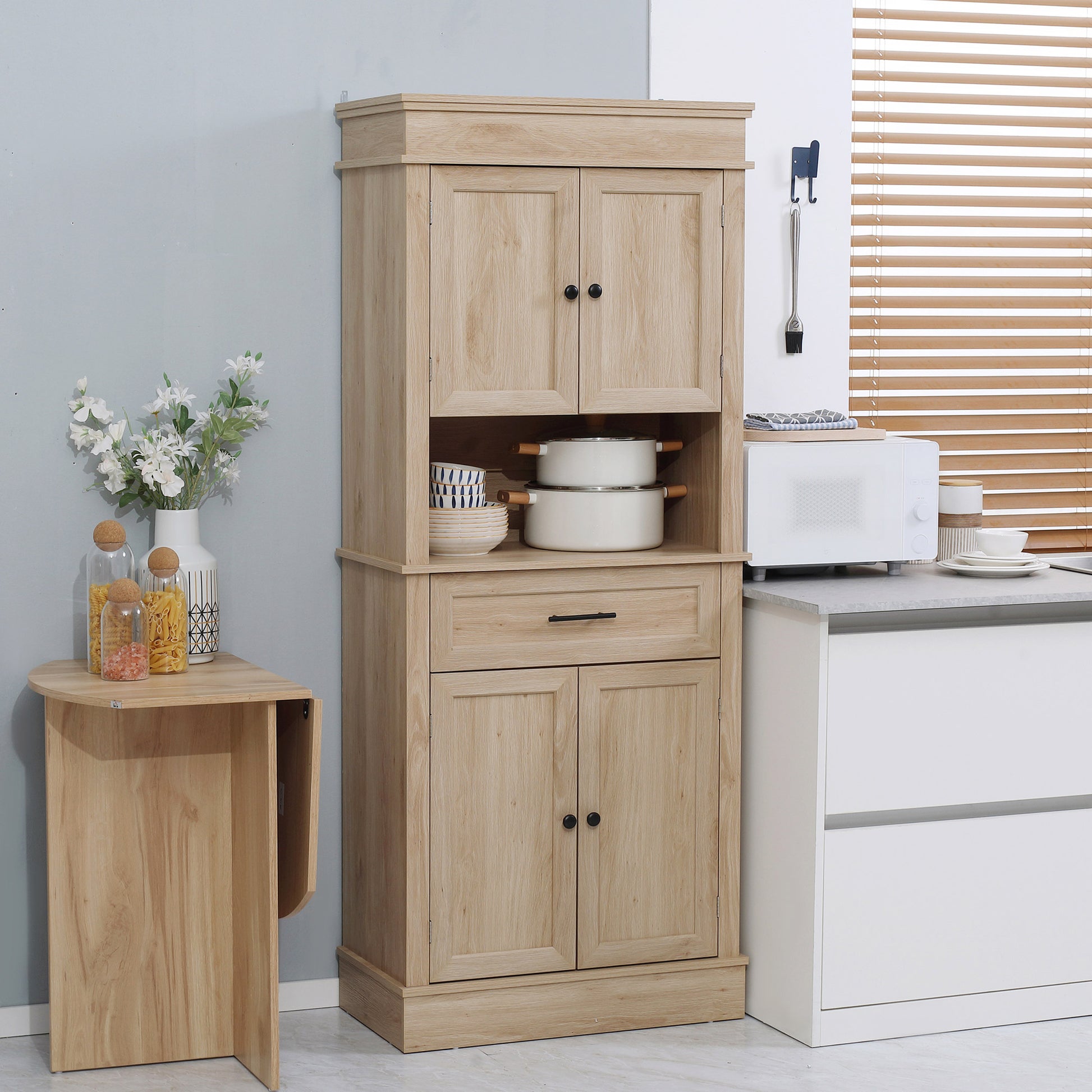 Modern Freestanding Kitchen Pantry Cabinet Cupboard with Doors Open Shelves Adjustable Shelving Microwave Space, Oak Kitchen Pantry Cabinets Oak  at Gallery Canada