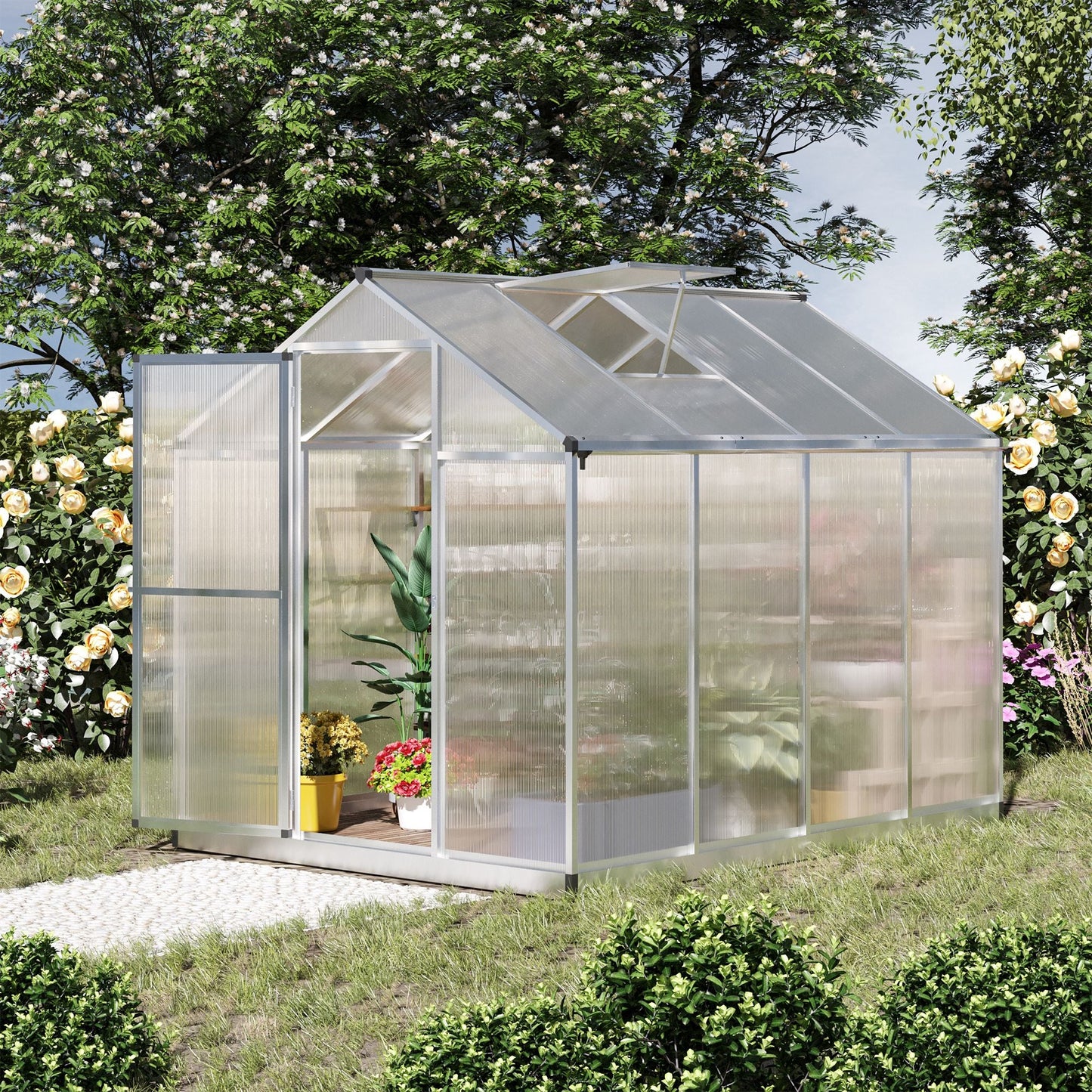 8' x 6' x 6.4' Walk-in Garden Greenhouse Polycarbonate Panels Plants Flower Growth Shed Cold Frame Outdoor Portable Warm House Aluminum Frame Walk In Greenhouses   at Gallery Canada