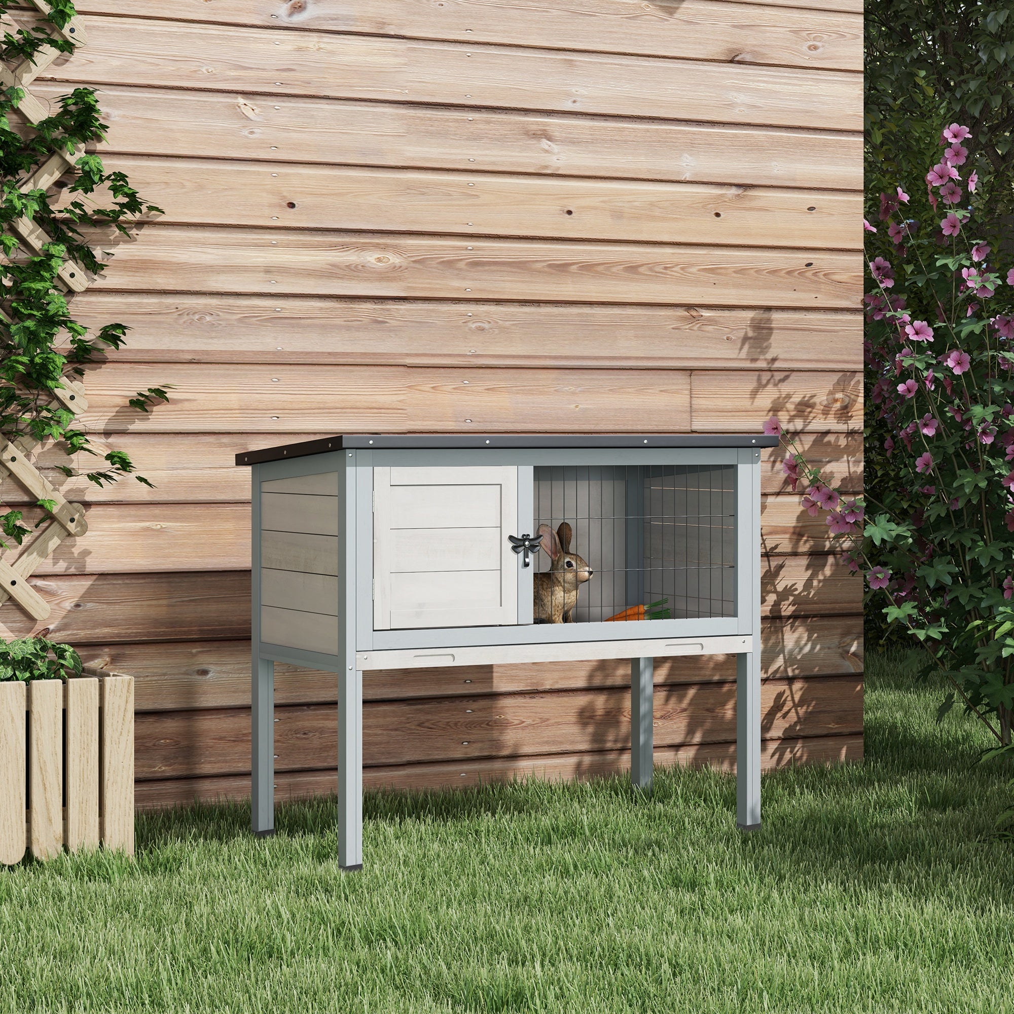 Wooden Rabbit Hutch with Openable Asphalt Roof, Tray, Light Grey Rabbit Hutch at Gallery Canada