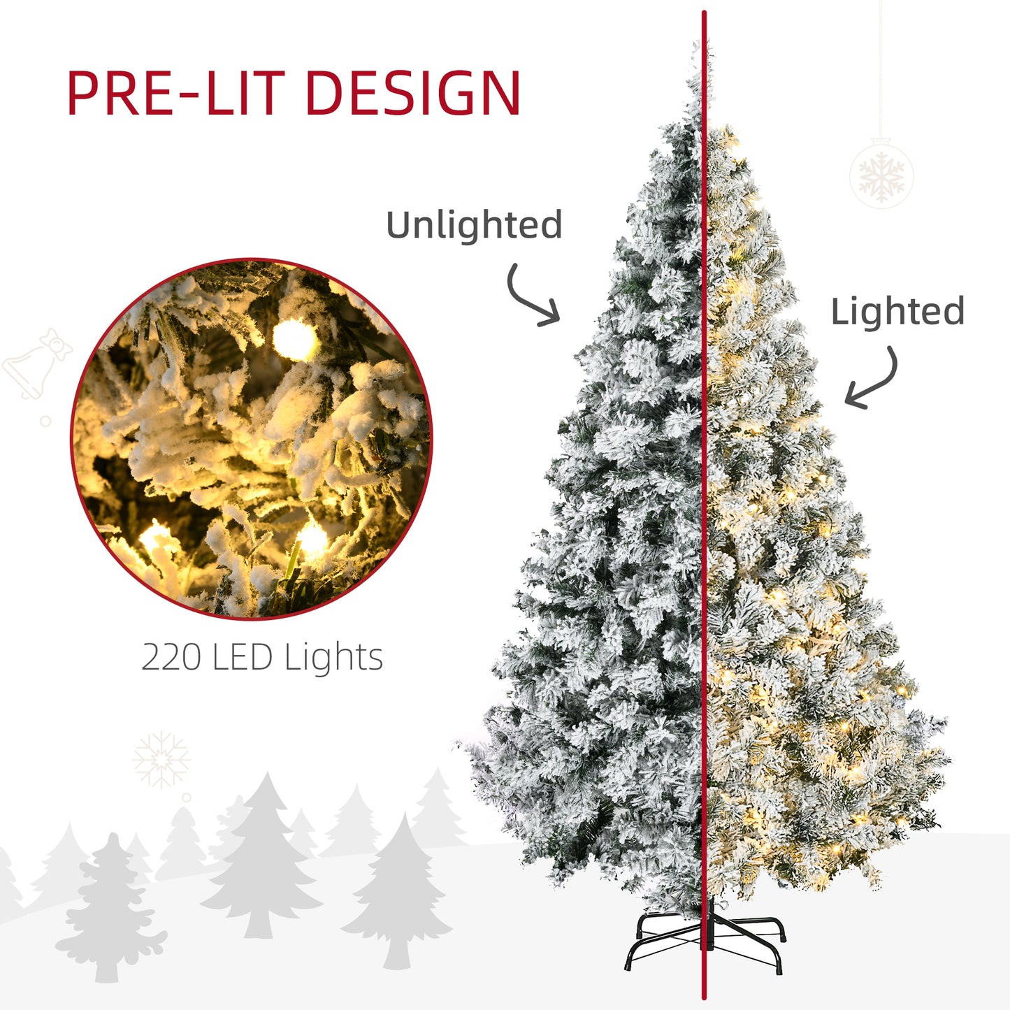 6ft Artificial Prelit Christmas Tree with Warm White LED Light, Snow Flocked Branches, Metal Base, Xmas Tree Pre Lit Christmas Trees   at Gallery Canada