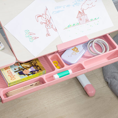 Kids Desk and Chair Set, Height Adjustable Student Writing Desk &; Chair with Adaptive Seat Back, Footrests, Bookshelf, Drawer, Pen Holder, Pink Kids Desk Sets   at Gallery Canada