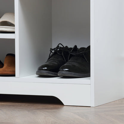 Shoe Bench with Storage, Modern Upholstered Entryway Bench with Open Shelves and Drawer for Living Room, Hallway, White Shoe Storage Cabinets & Racks   at Gallery Canada