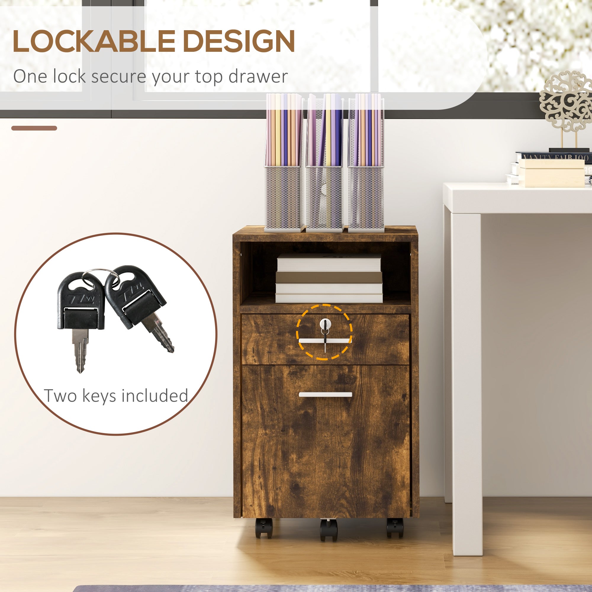 Small Filing Cabinet with 2 Drawers, Lockable Home Office Storage Cabinets on Wheels for A4, Letter Size, Rustic Brown Office Cabinets & Cupboards at Gallery Canada