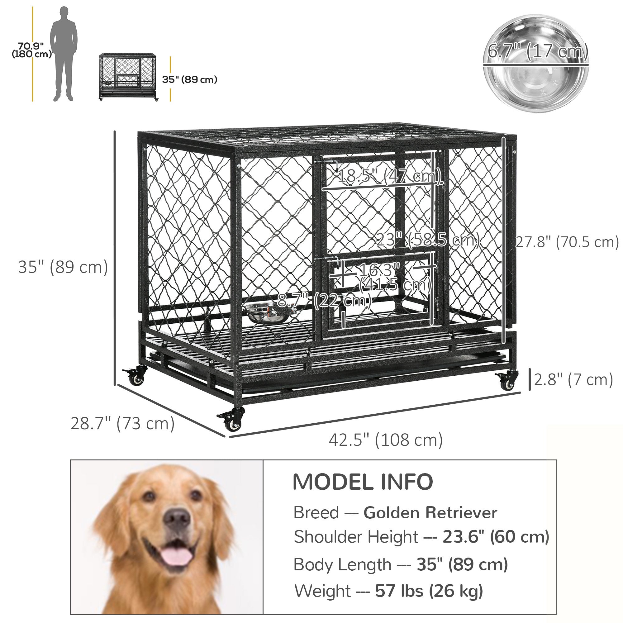 Heavy Duty Dog Crate w/ Wheels, Openable Top, Removable Tray, Bowl, for All-Sized Dogs, 42.5