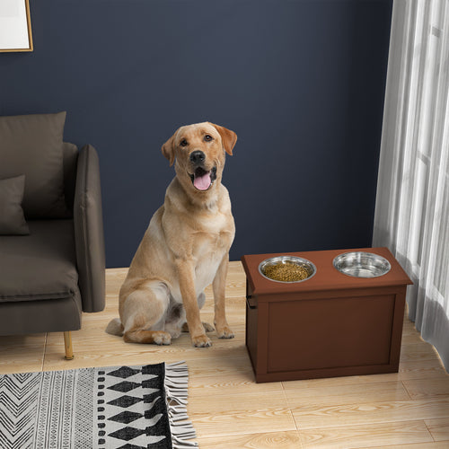 Elevated Dog Bowls for Large Dogs with Storage 2 Stainless Steel Dog Bowls， Elevated Base for Large Dogs, Brown