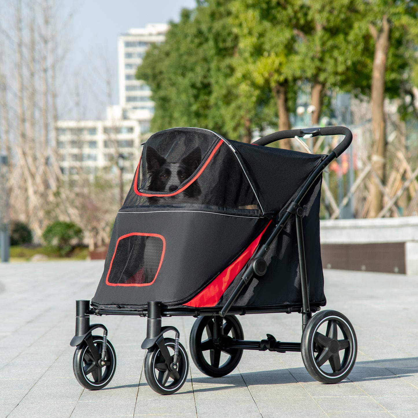 Pet Stroller with Universal Front Wheels, Shock Absorber, One-Click Foldable Dog Cat Carriage with Brakes, Storage Bags, Safety Leash for Large &; Medium Dogs, Black Dog Bike Trailers & Strollers at Gallery Canada