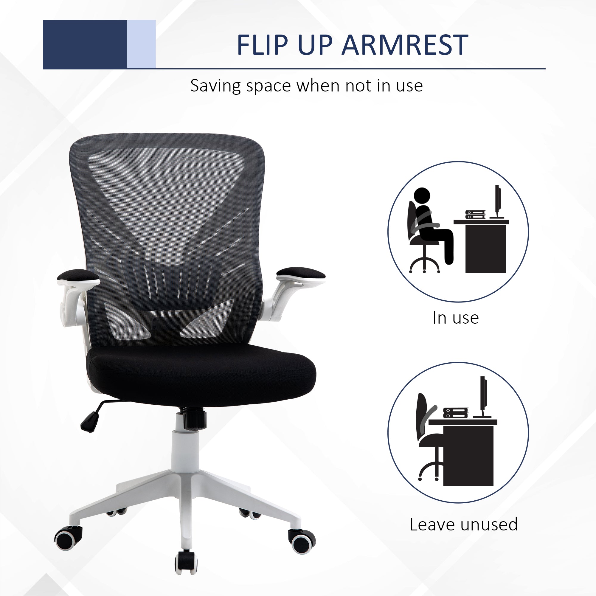 Mesh Office Chair Swivel Task Desk Chair with Lumbar Back Support, Flip-Up Arm, Adjustable Height, Grey Black Task Chairs at Gallery Canada