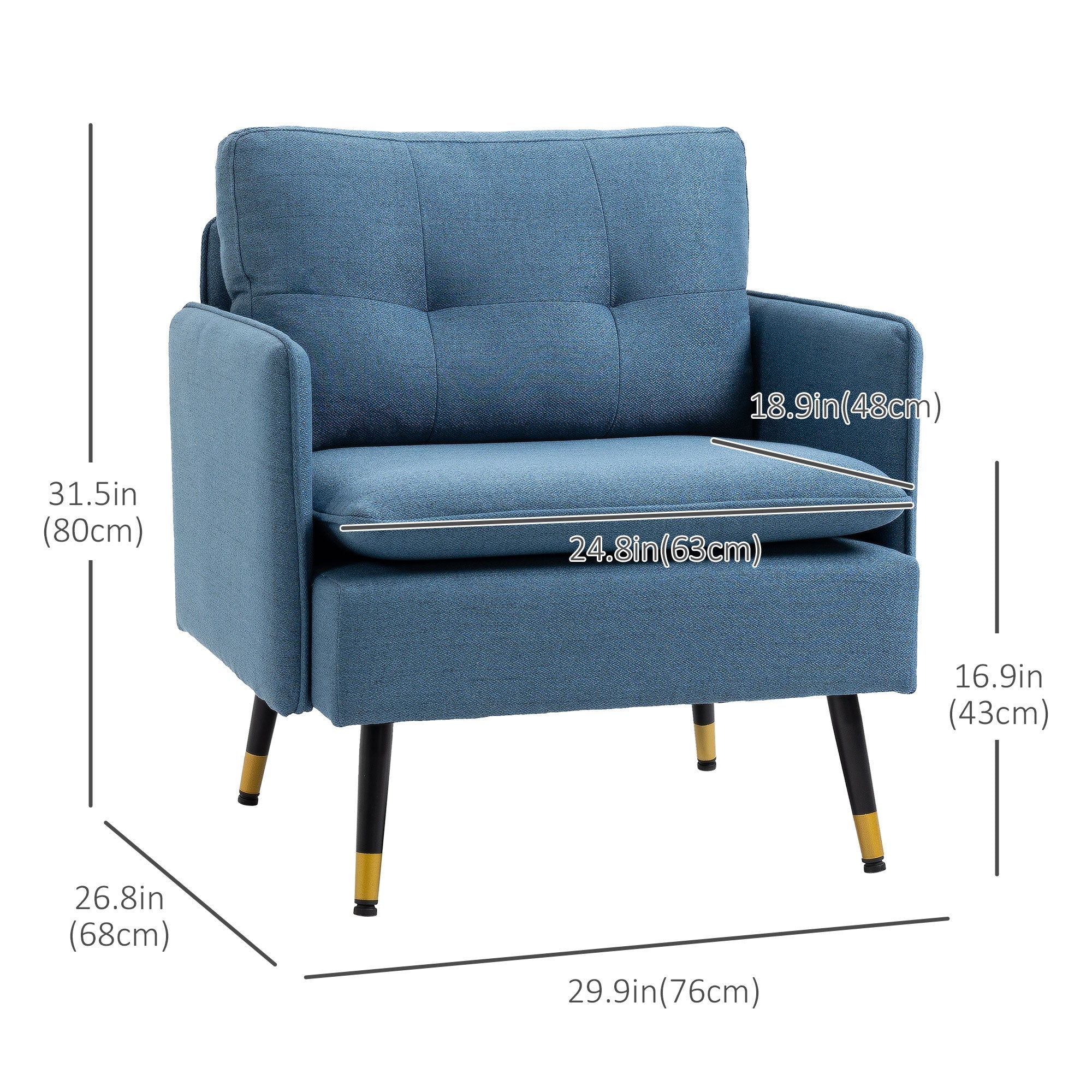 Accent Chair with Cushioned Seat and Back, Upholstered Fabric Armchair for Bedroom, Button Tufted Living Room Chair with Arms and Steel Legs, Blue Accent Chairs   at Gallery Canada