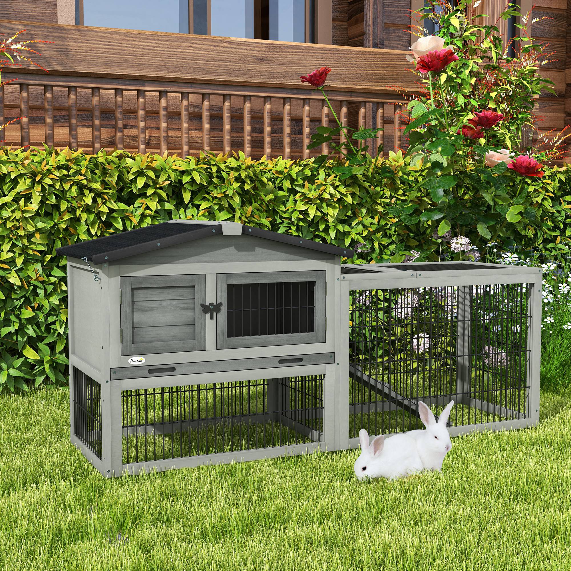 Wood Rabbit Hutch w/ Ramp, Openable Roof, Pull-out Tray, Light Grey Rabbit Hutch at Gallery Canada
