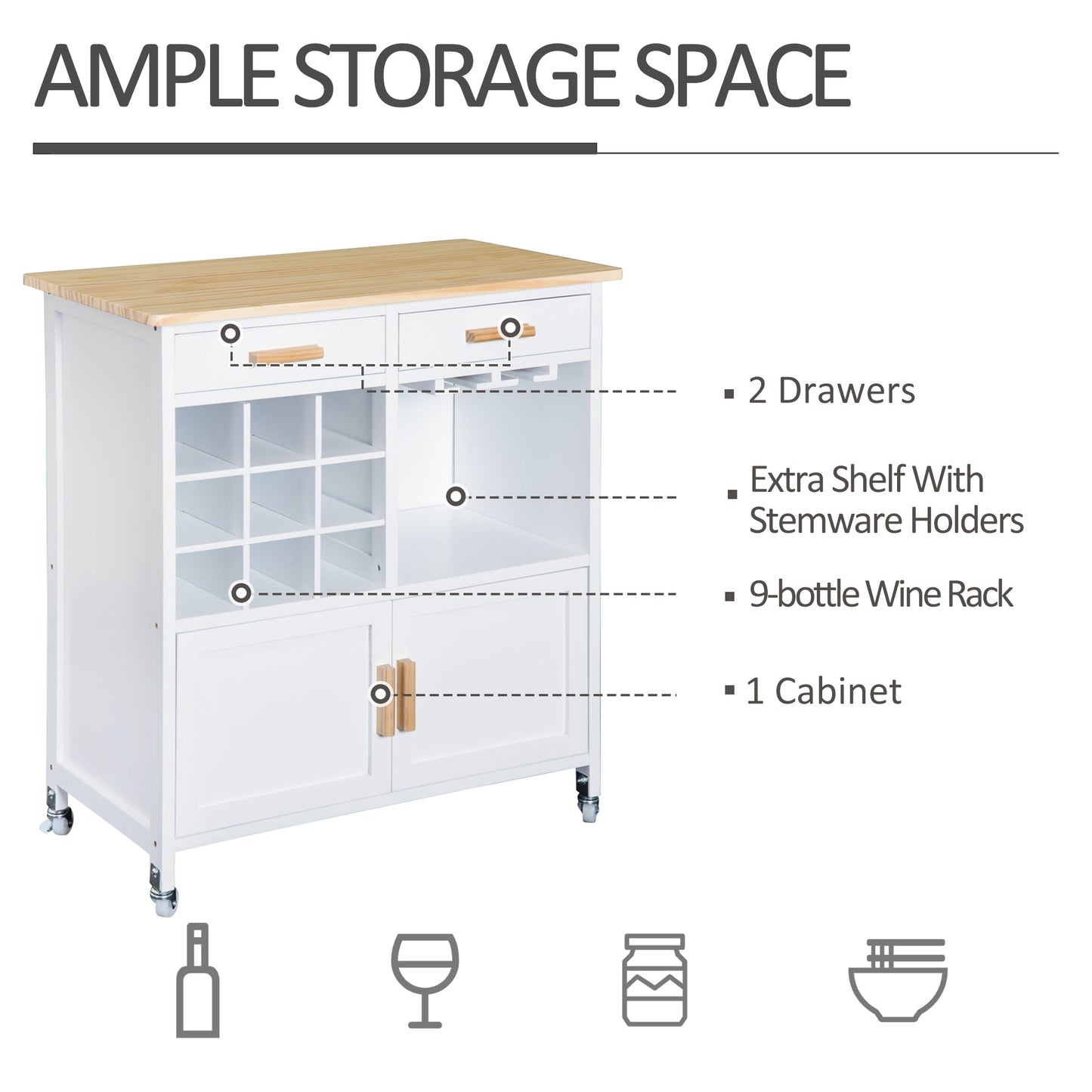 Portable Kitchen Trolley with Bamboo Top Storage Cabinet and Wine Rack (White) Kitchen Islands & Kitchen Carts   at Gallery Canada