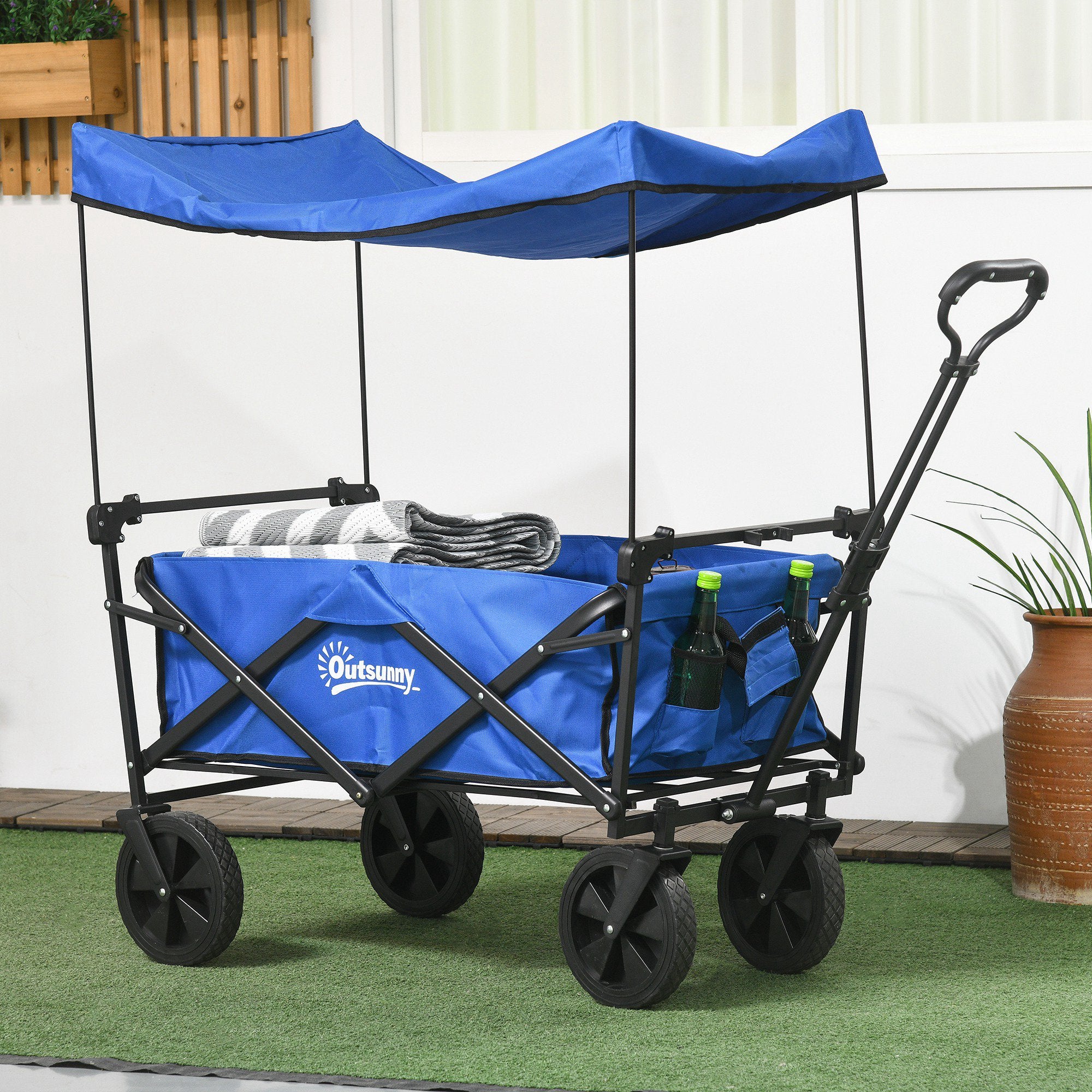 Steel Frame Folding Garden Cart, Collapsible Wagon Cart with Removable Canopy, Telescopic Handle and Carrying Bag, Dark Blue Folding Garden Carts at Gallery Canada
