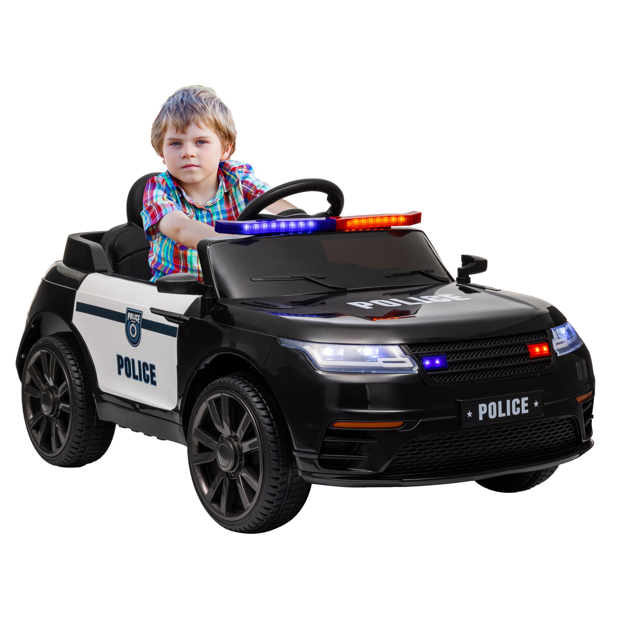 12V Kids Electric Police Car w/ Remote Control, Spring Suspension, Training Wheel, Siren, Music, Light, Horn, Black Electric Toy Cars   at Gallery Canada