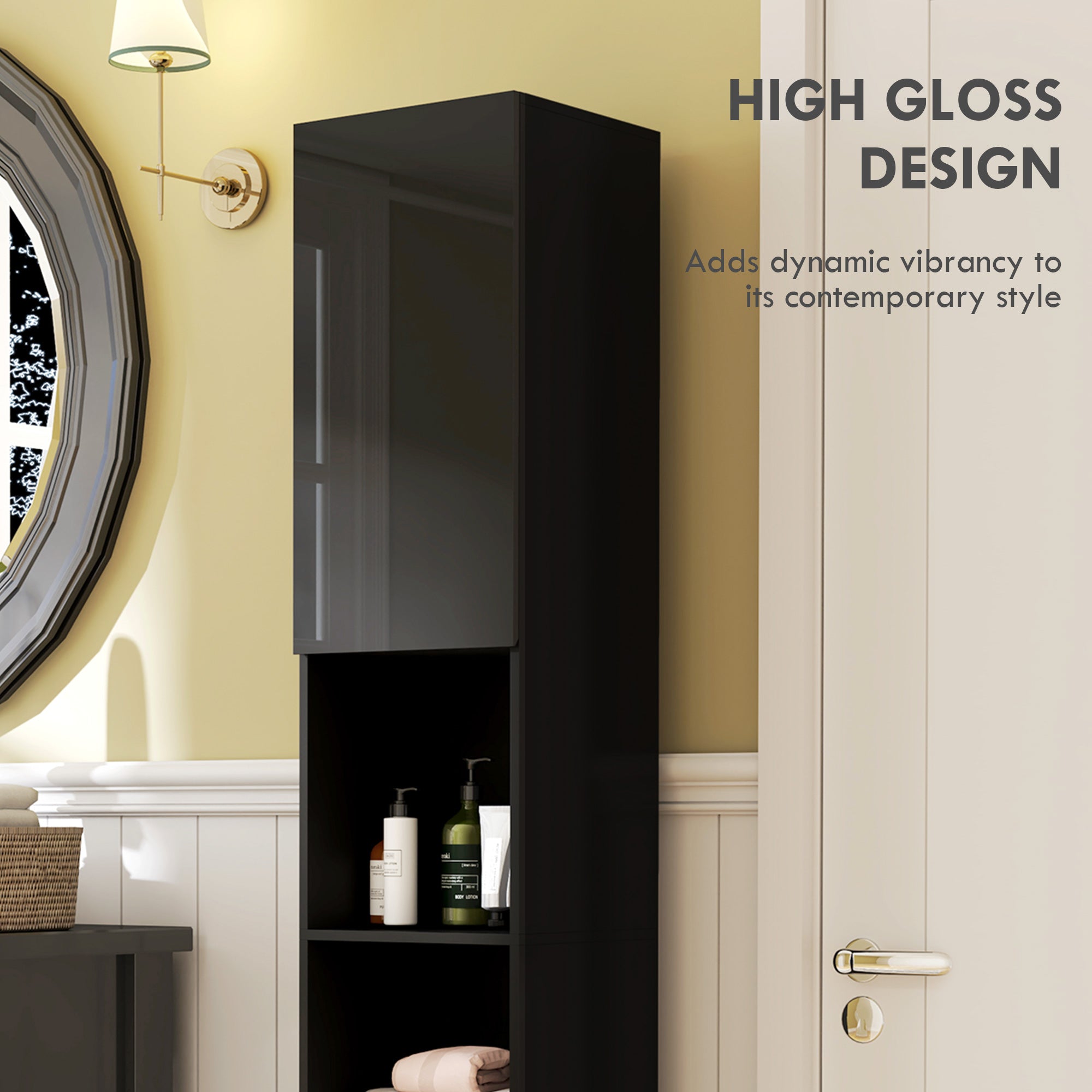 Tall Bathroom Cabinet, High Gloss Storage Cabinet with Doors and Adjustable Shelves, 11.8